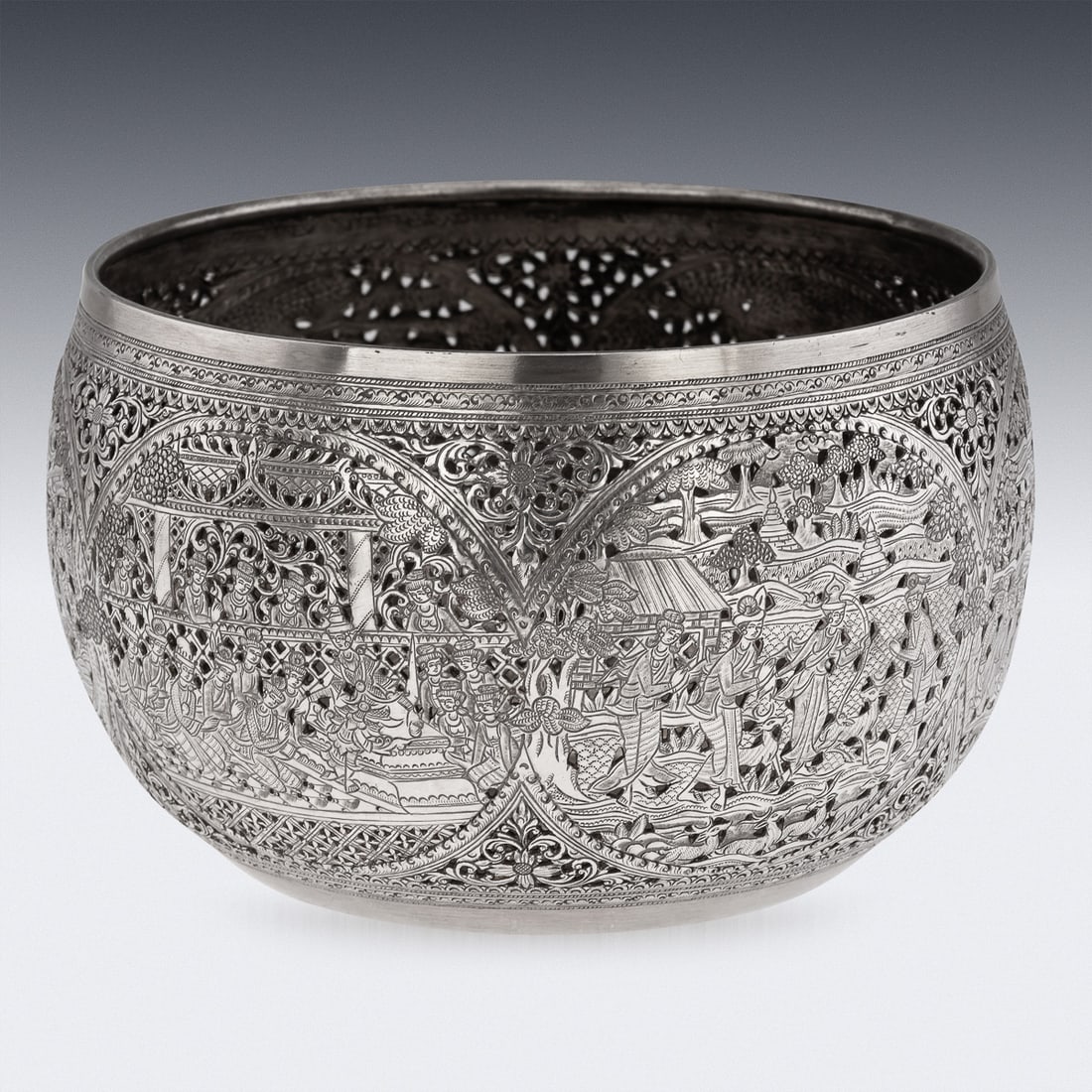 ANTIQUE 20thC BURMESE PIERCED SOLID SILVER "PYUSAWHTI" FOLK TALE BOWL c.1918 - 5