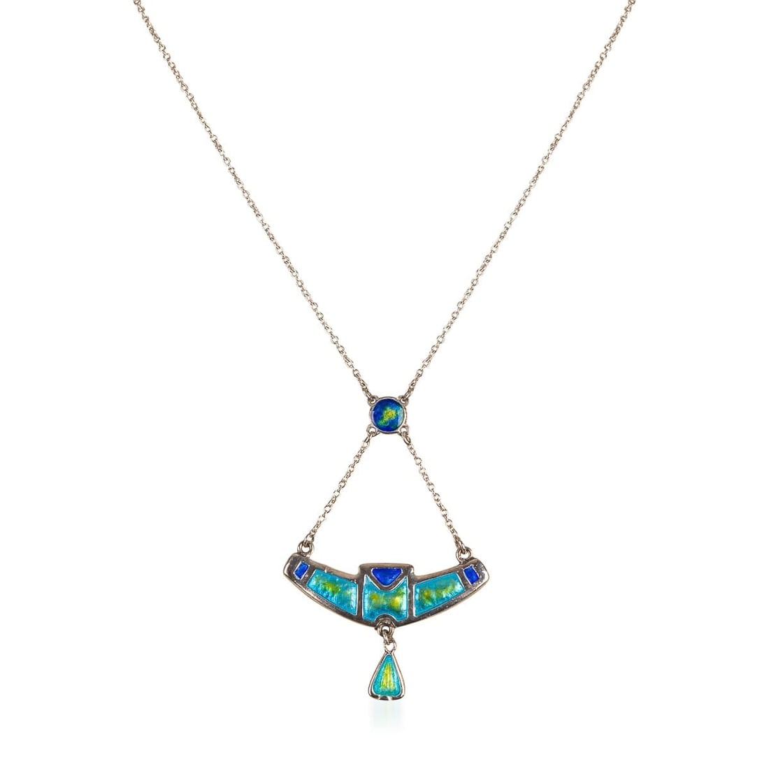 ANTIQUE 20thC SILVER & ENAMEL PENDANT, CHARLES HORNER c.1908: Charles Horner, a silver and enamel pendant, with integral chain, maker's marks for Charles Horner, hallmarks for Chester, 1908, length of pendant 4.8cm, length of chain 47cm, 5g weight. Condition - o