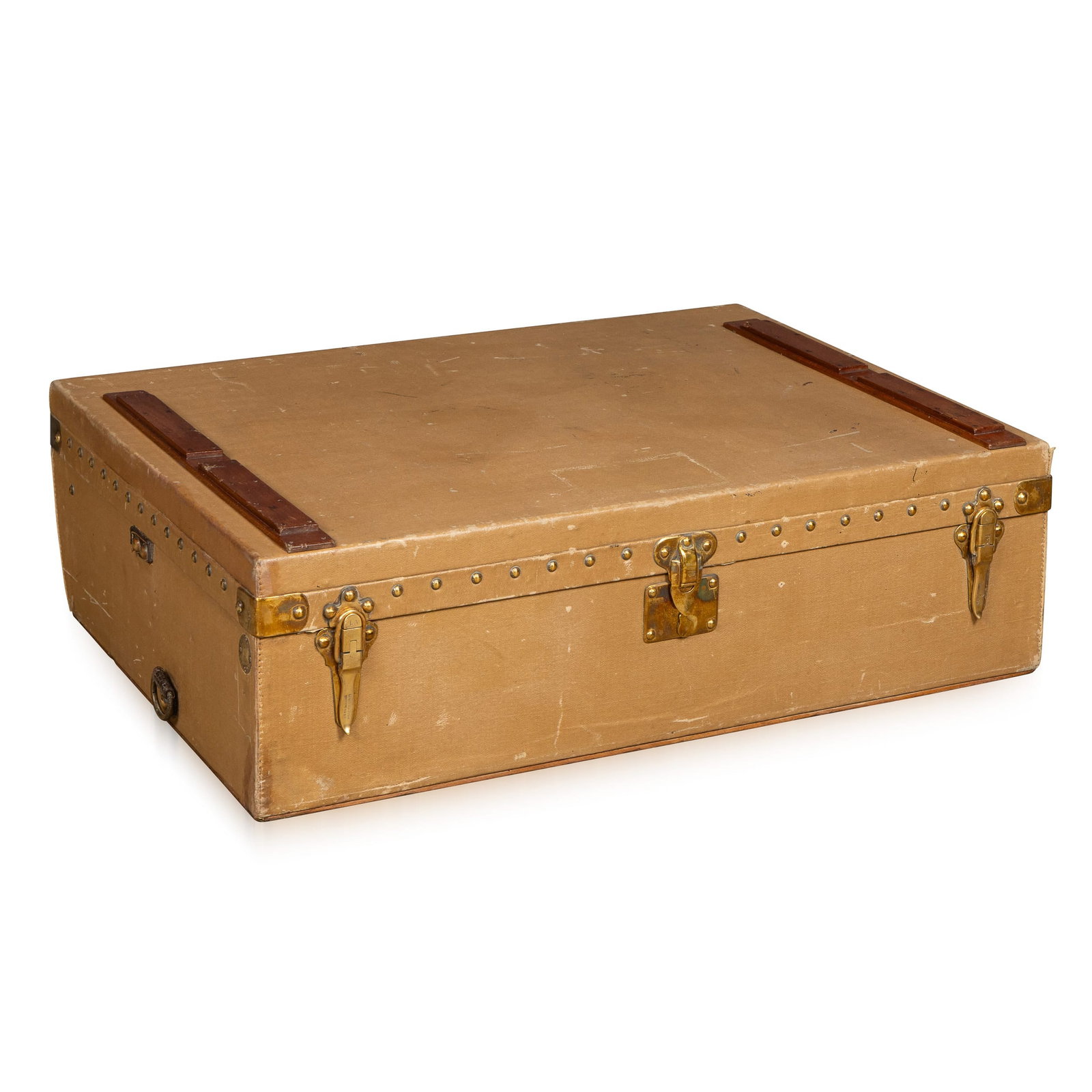 VINTAGE 20thC LOUIS VUITTON CAR TRUNK IN GREY VUITTONITE CANVAS, PARIS c.1930: A 20th Century Louis Vuitton motor car trunk in grey Vuittonite, a rare and practical example of early automotive luggage. Designed for external mounting, it features wooden slats to the top and base