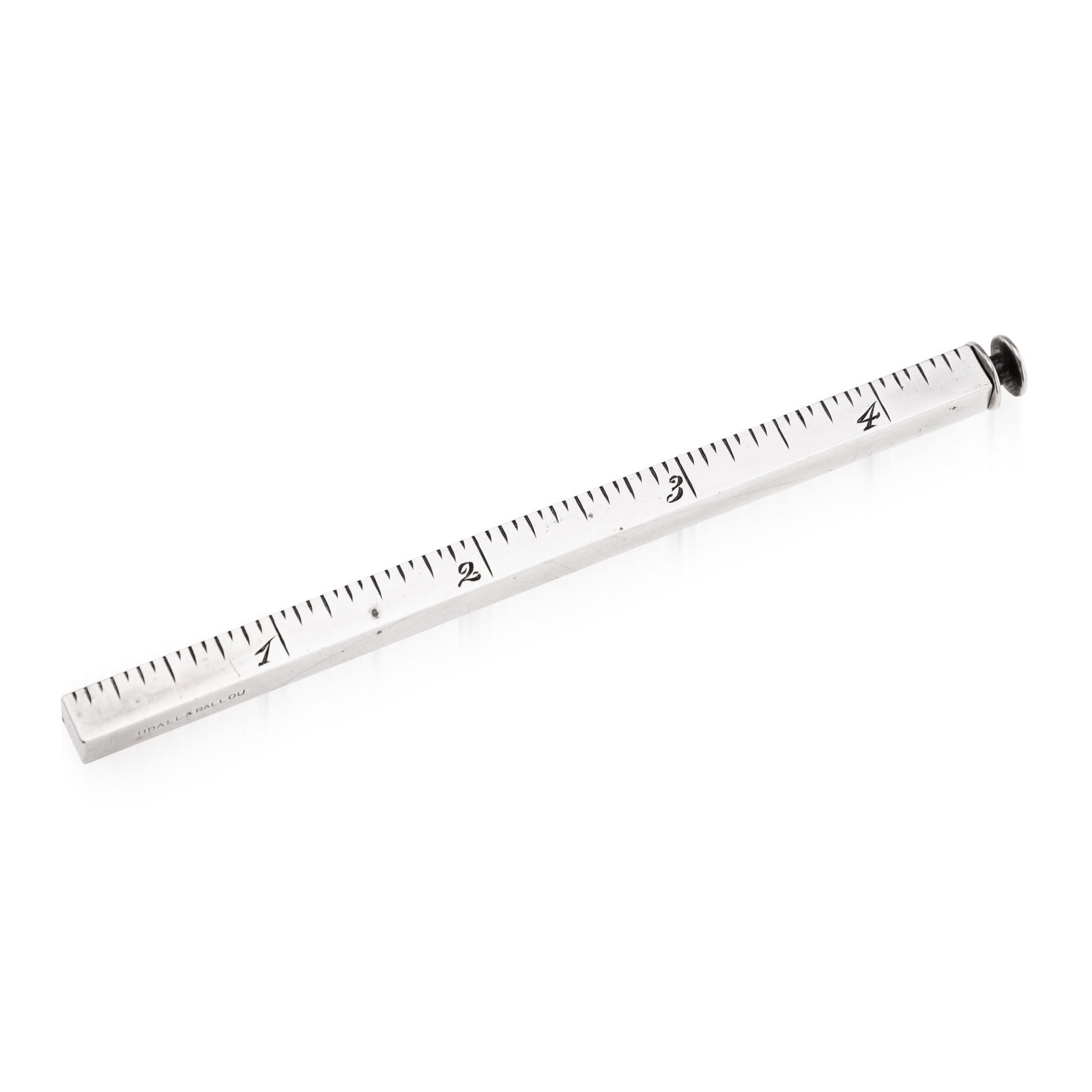 ANTIQUE 19thC AMERICAN SOLID SILVER DRAUGHTSMAN'S EXTENDING RULER c.1897: Antique 19th Century American solid silver "Draughtsman's tool" 12 inch ruler. What is rather special about this piece is it is approx 4.5 inches long and extends out. Marked on the side "Udall &