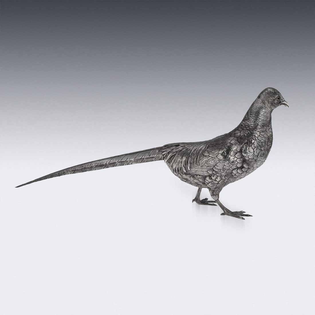 ANTIQUE 20thC GERMAN SOLID SILVER PAIR OF PHEASANT STATUES, HANAU c.1900 - 11
