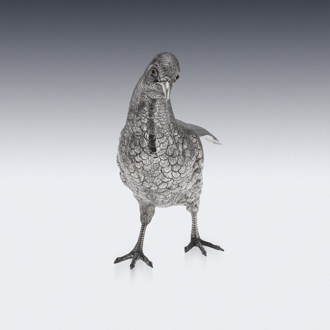 ANTIQUE 20thC GERMAN SOLID SILVER PAIR OF PHEASANT STATUES, HANAU c.1900 - 12
