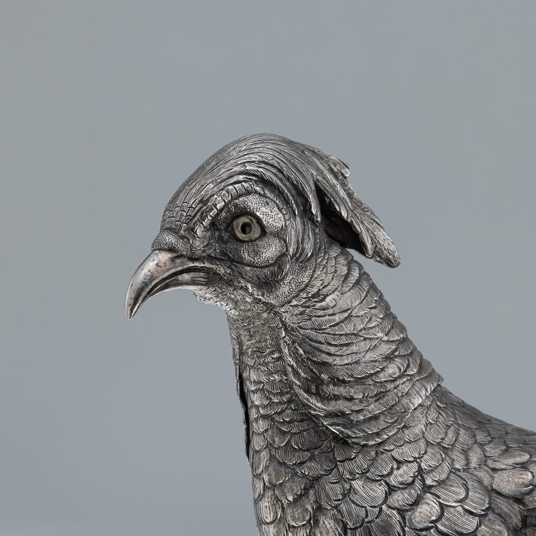 ANTIQUE 20thC GERMAN SOLID SILVER PAIR OF PHEASANT STATUES, HANAU c.1900 - 15