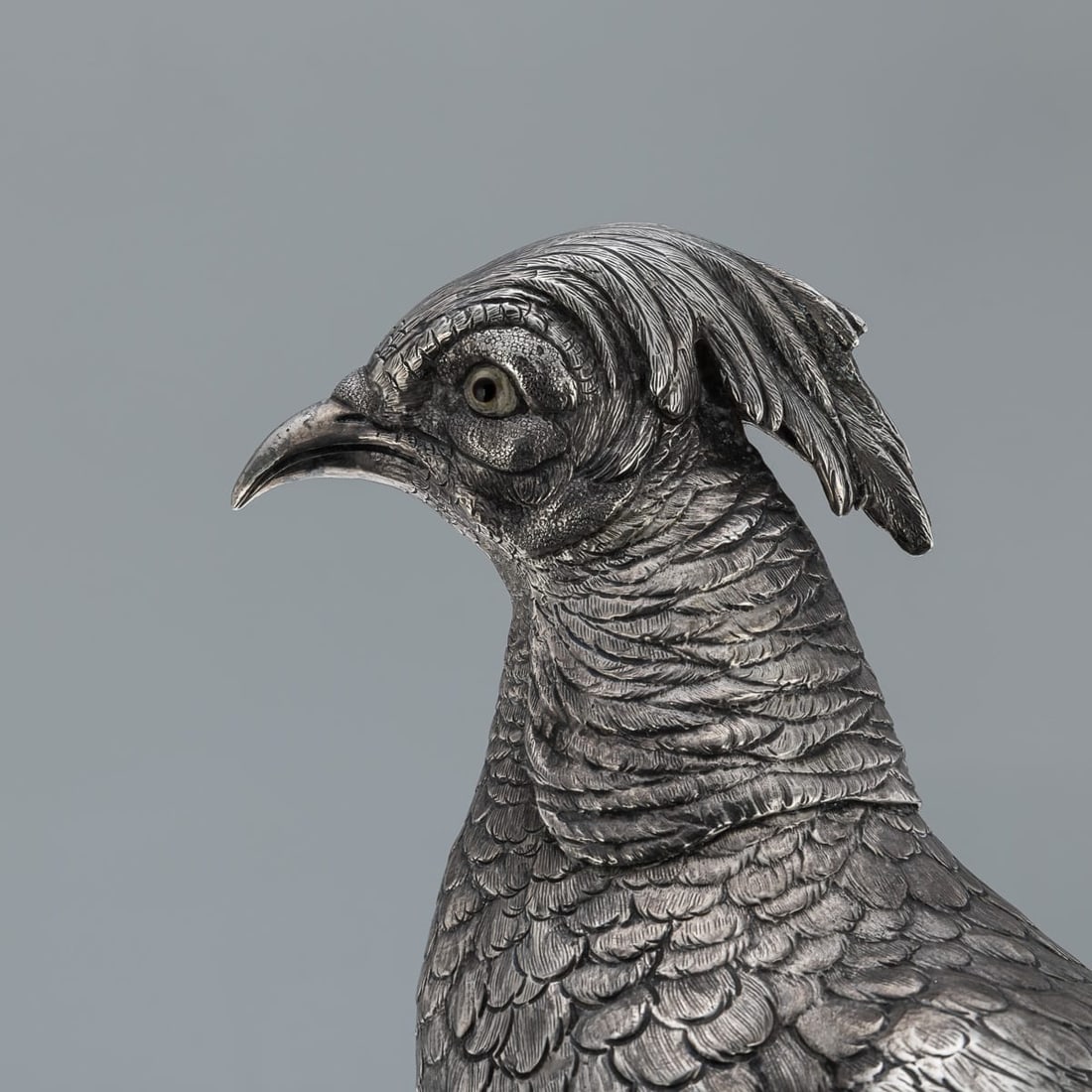 ANTIQUE 20thC GERMAN SOLID SILVER PAIR OF PHEASANT STATUES, HANAU c.1900 - 17