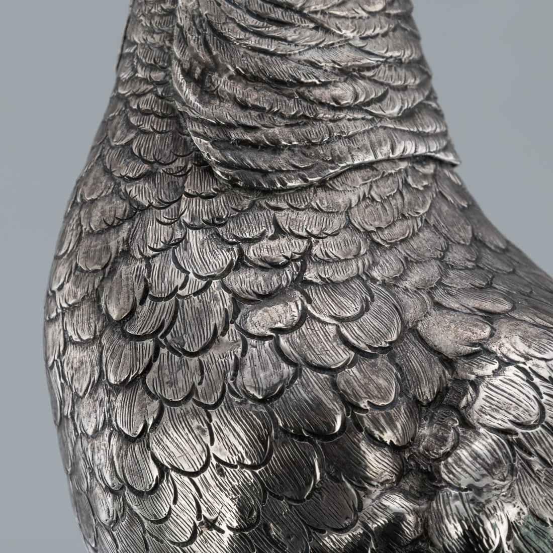 ANTIQUE 20thC GERMAN SOLID SILVER PAIR OF PHEASANT STATUES, HANAU c.1900 - 19