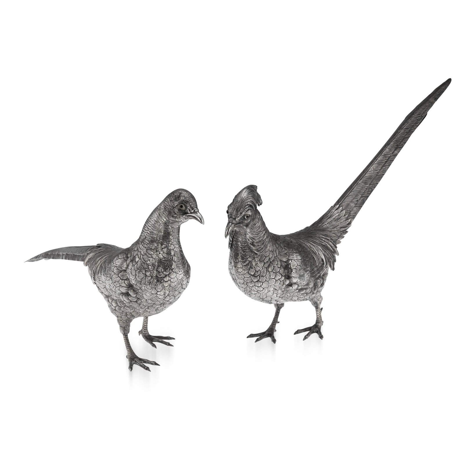 ANTIQUE 20thC GERMAN SOLID SILVER PAIR OF PHEASANT STATUES, HANAU c.1900: Antique early 20th Century pair of solid silver very large and impressive table ornaments modelled as a male and female pheasant. Each figure is finely detailed with naturalistic plumage and