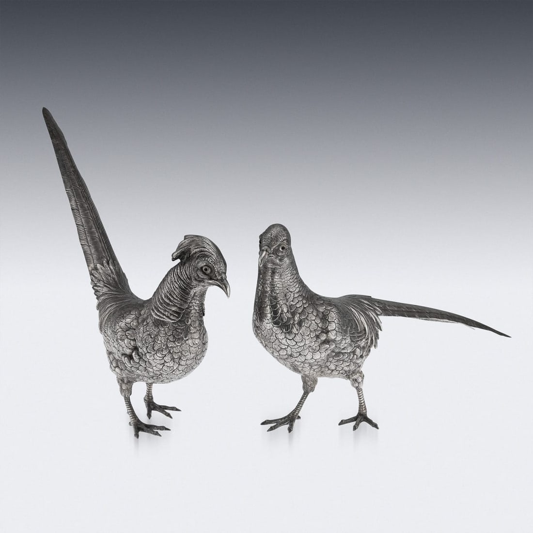 ANTIQUE 20thC GERMAN SOLID SILVER PAIR OF PHEASANT STATUES, HANAU c.1900 - 2