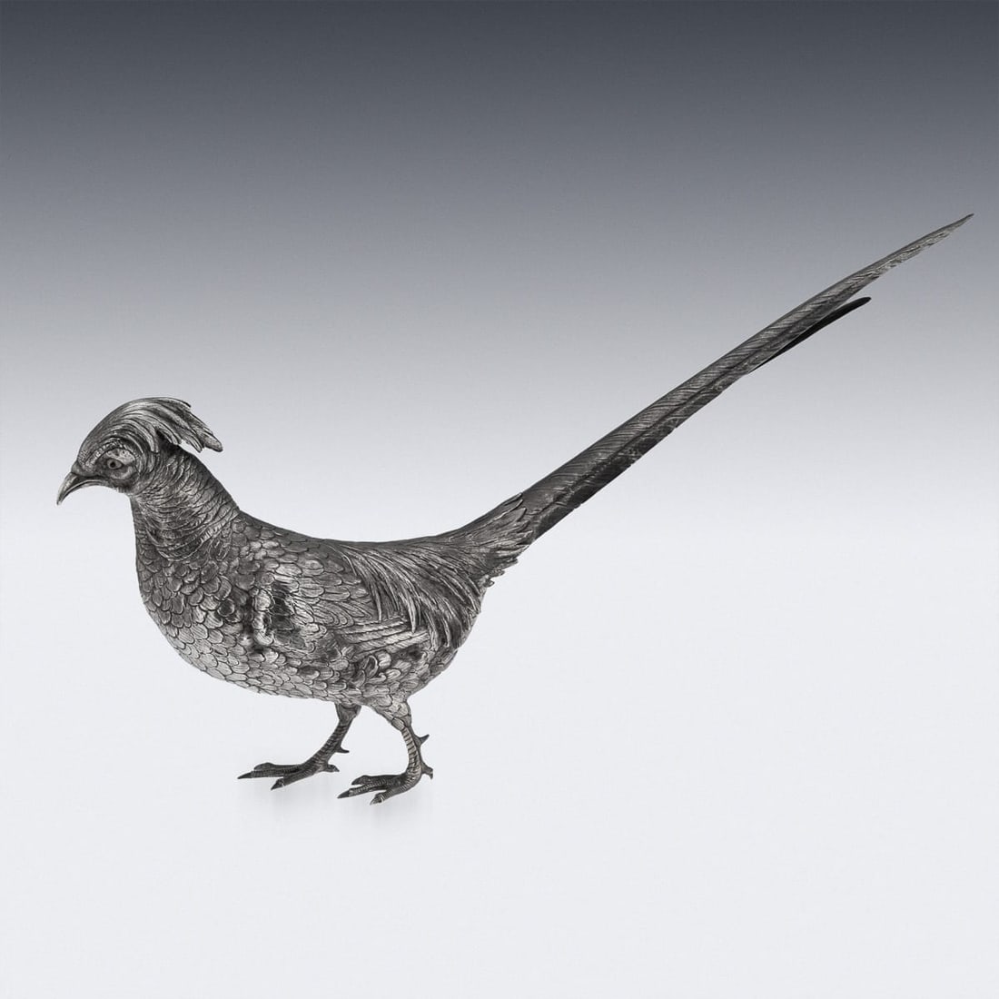 ANTIQUE 20thC GERMAN SOLID SILVER PAIR OF PHEASANT STATUES, HANAU c.1900 - 3