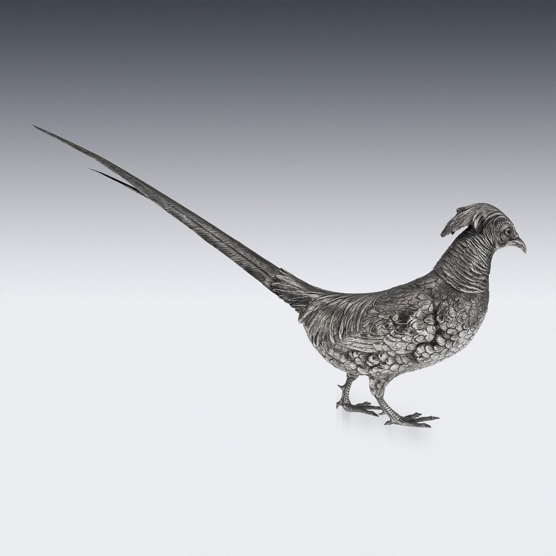 ANTIQUE 20thC GERMAN SOLID SILVER PAIR OF PHEASANT STATUES, HANAU c.1900 - 5
