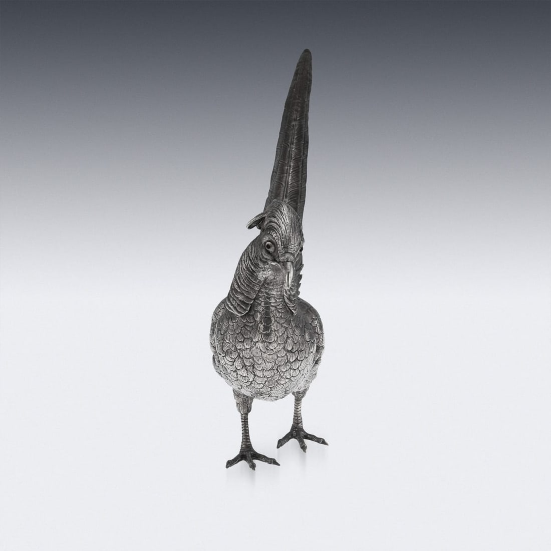 ANTIQUE 20thC GERMAN SOLID SILVER PAIR OF PHEASANT STATUES, HANAU c.1900 - 6