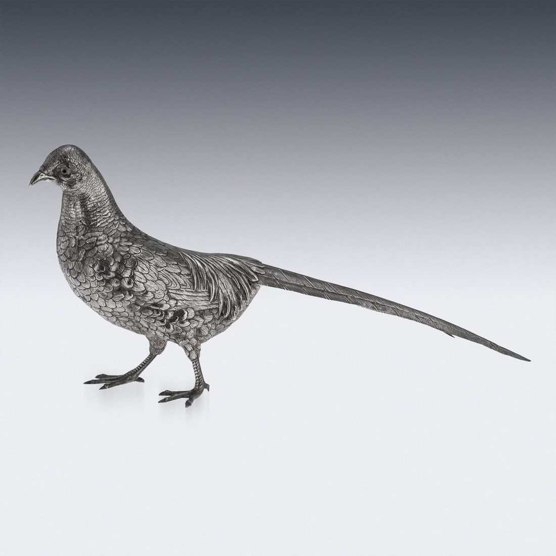 ANTIQUE 20thC GERMAN SOLID SILVER PAIR OF PHEASANT STATUES, HANAU c.1900 - 9