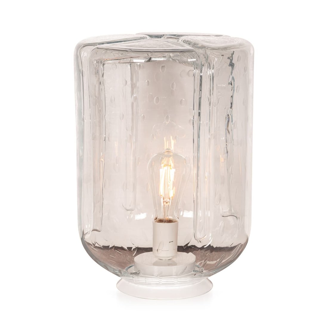 CONTEMPORARY 21stC HAND MADE CYLINDRICAL GLASS TABLE LAMP OF RECENT PRODUCTION, MURANO, VENICE: A contemporary Murano hand made glass table lamp with a tall cylindrical clear glass shade featuring delicate internal air bubble detailing, presented on a white circular base. The clarity and