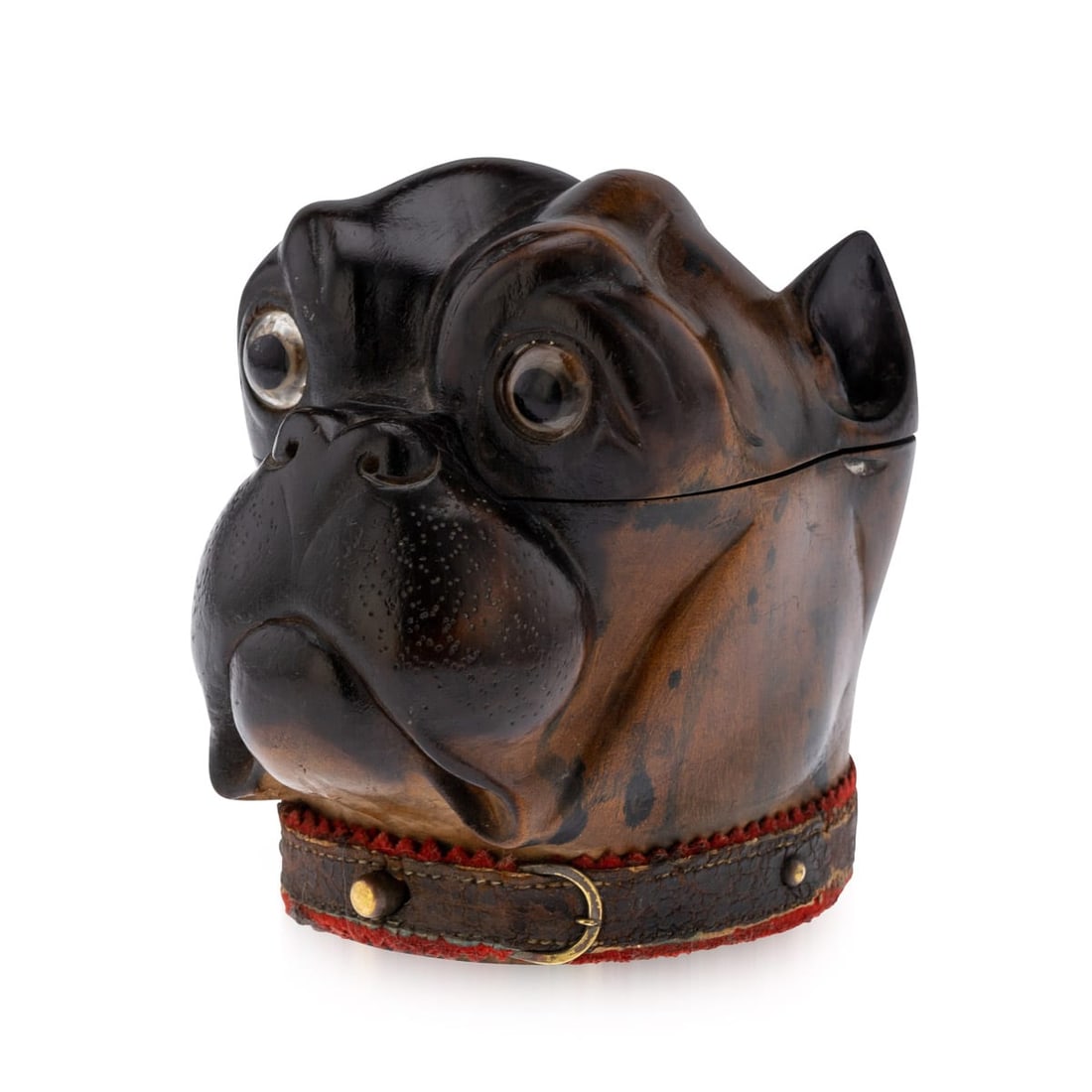 ANTIQUE 19thC VICTORIAN LIGNUM VITAE BULLDOG INKWELL c.1860: Antique mid-19th Century Victorian lignum vitae inkwell modelled as the head of a bulldog with realistic glass inset eyes, original leather collar with a copper push-button and a silver presentation