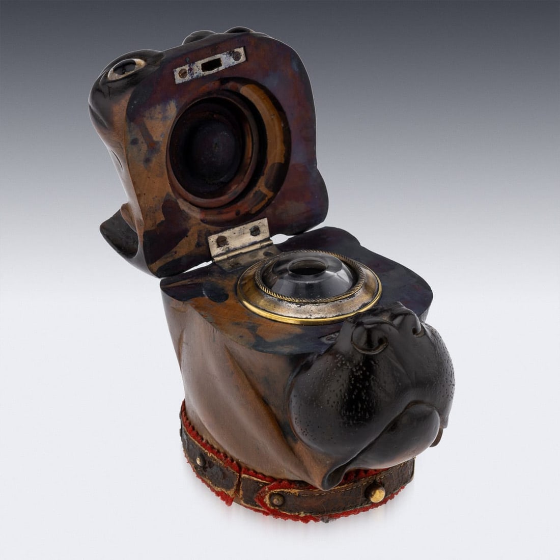 ANTIQUE 19thC VICTORIAN LIGNUM VITAE BULLDOG INKWELL c.1860 - 8