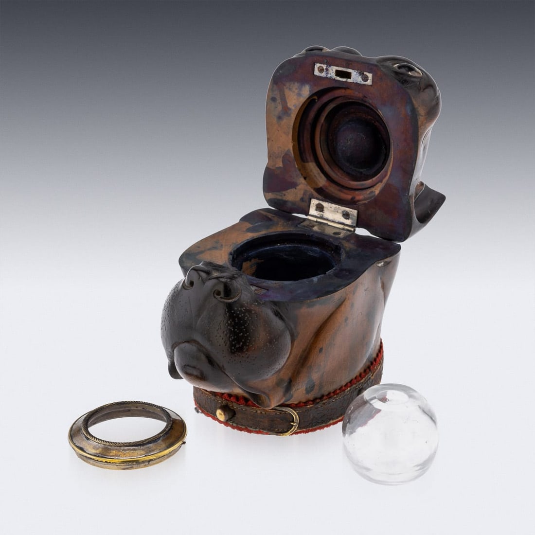 ANTIQUE 19thC VICTORIAN LIGNUM VITAE BULLDOG INKWELL c.1860 - 9
