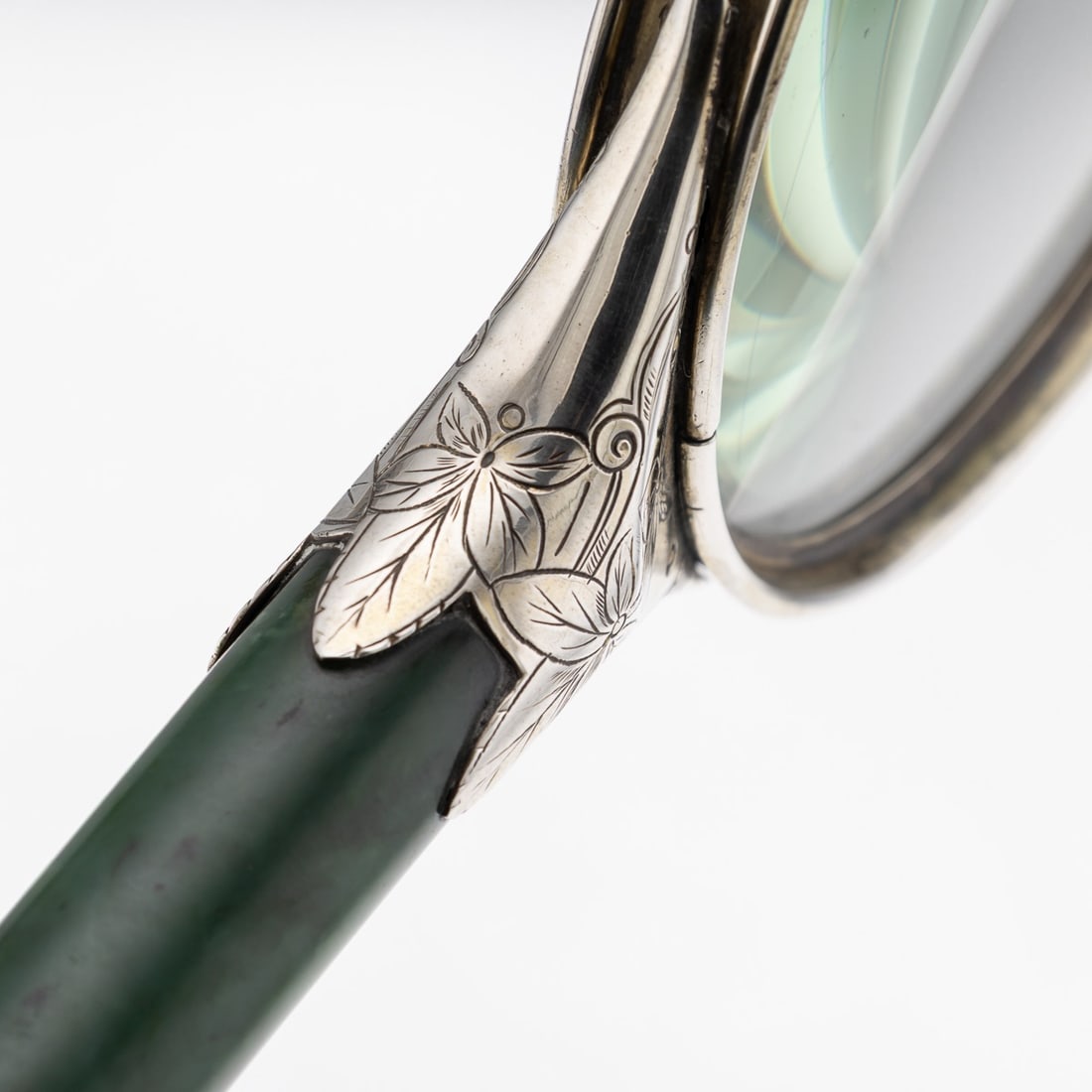 ANTIQUE 19thC ORIENTAL STYLE SOLID SILVER & SPINACH JADE MAGNIFYING GLASS c.1880 - 12
