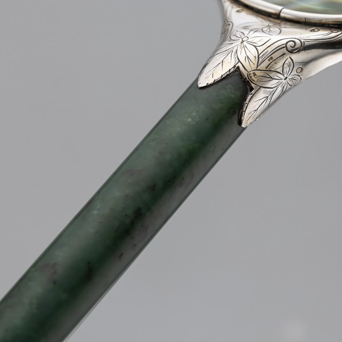 ANTIQUE 19thC ORIENTAL STYLE SOLID SILVER & SPINACH JADE MAGNIFYING GLASS c.1880 - 15