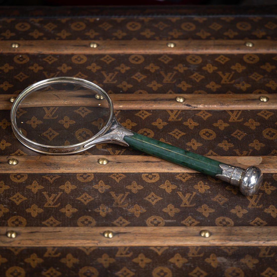 ANTIQUE 19thC ORIENTAL STYLE SOLID SILVER & SPINACH JADE MAGNIFYING GLASS c.1880 - 2