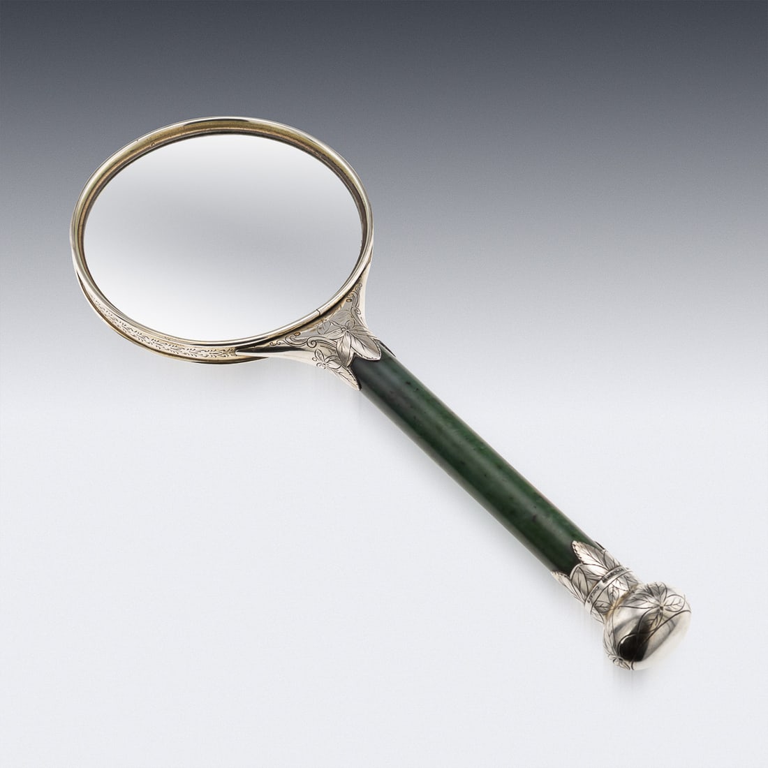 ANTIQUE 19thC ORIENTAL STYLE SOLID SILVER & SPINACH JADE MAGNIFYING GLASS c.1880 - 3