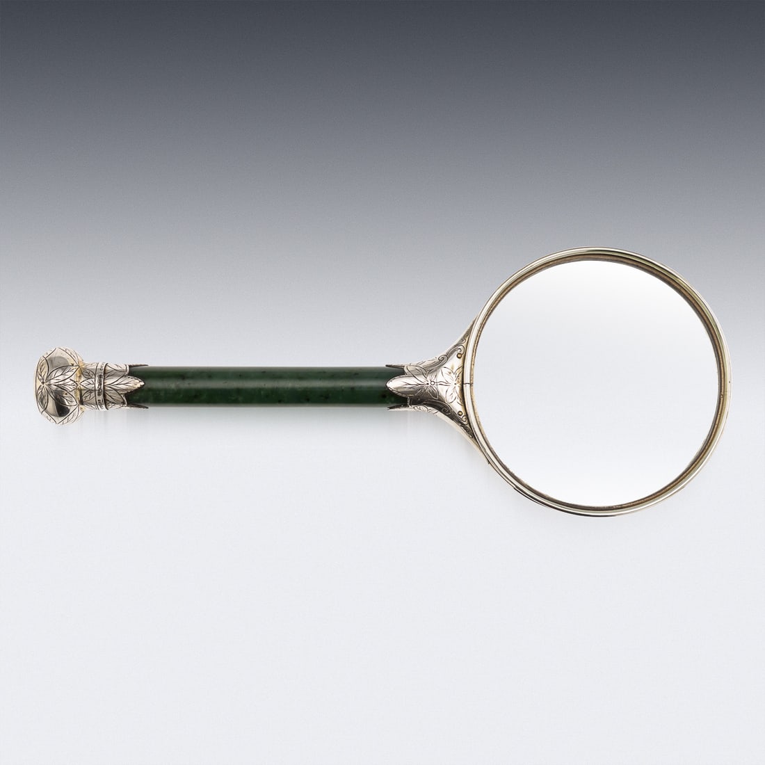 ANTIQUE 19thC ORIENTAL STYLE SOLID SILVER & SPINACH JADE MAGNIFYING GLASS c.1880 - 4