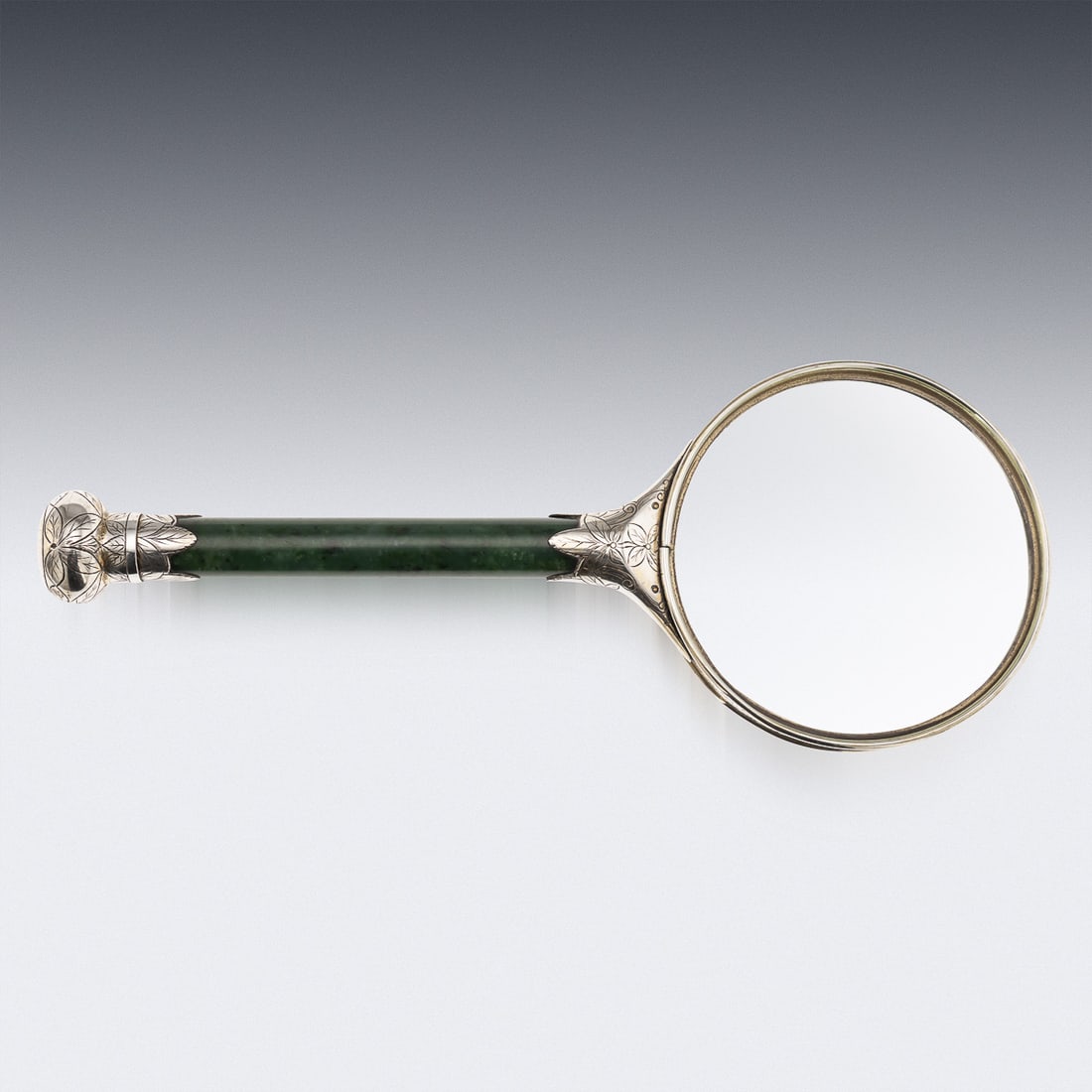ANTIQUE 19thC ORIENTAL STYLE SOLID SILVER & SPINACH JADE MAGNIFYING GLASS c.1880 - 5