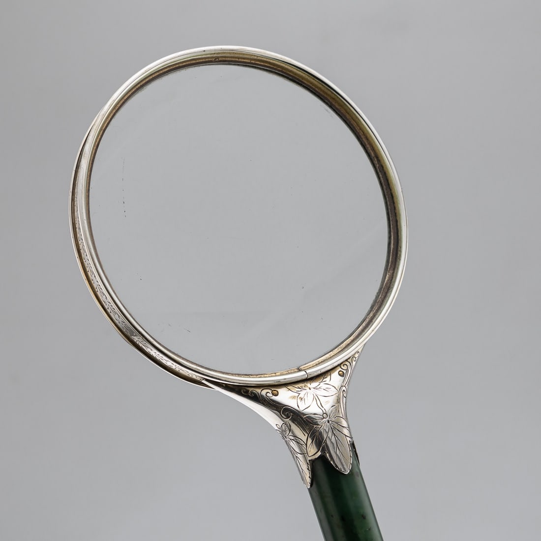 ANTIQUE 19thC ORIENTAL STYLE SOLID SILVER & SPINACH JADE MAGNIFYING GLASS c.1880 - 6