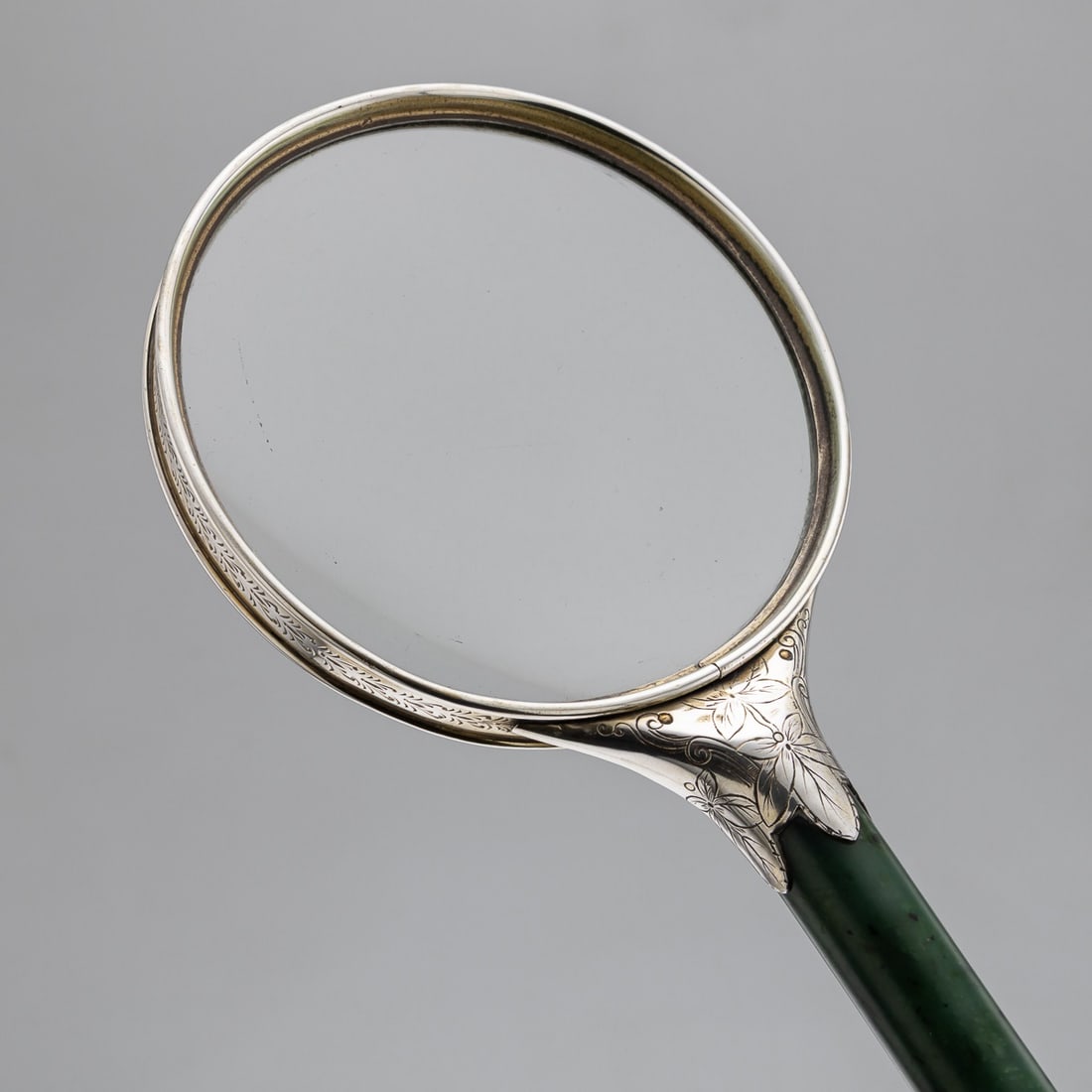 ANTIQUE 19thC ORIENTAL STYLE SOLID SILVER & SPINACH JADE MAGNIFYING GLASS c.1880 - 7