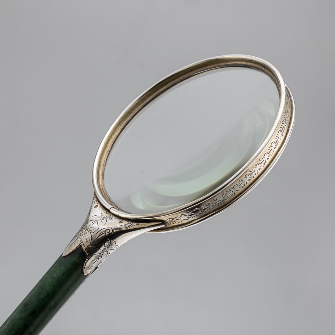 ANTIQUE 19thC ORIENTAL STYLE SOLID SILVER & SPINACH JADE MAGNIFYING GLASS c.1880 - 8