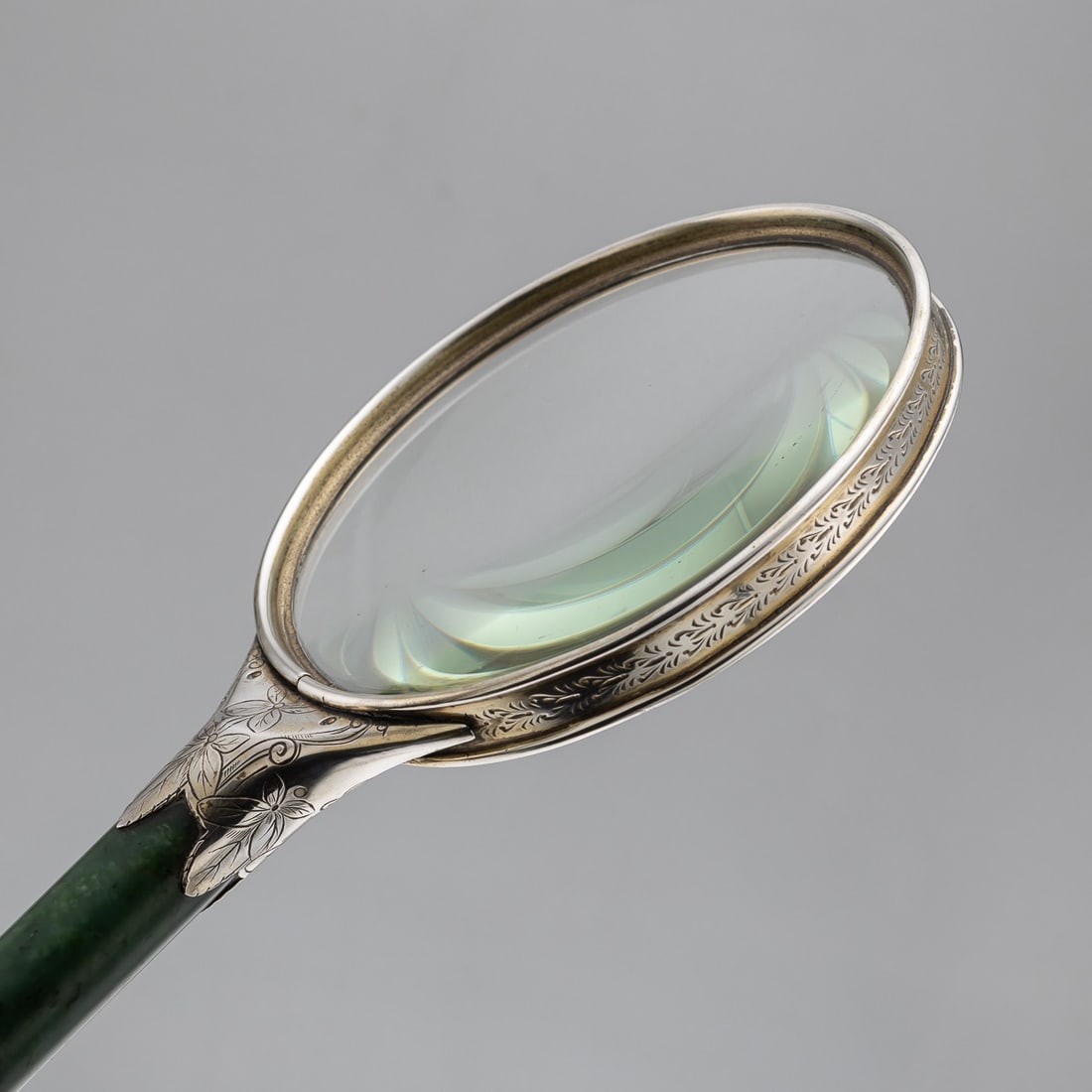 ANTIQUE 19thC ORIENTAL STYLE SOLID SILVER & SPINACH JADE MAGNIFYING GLASS c.1880 - 9