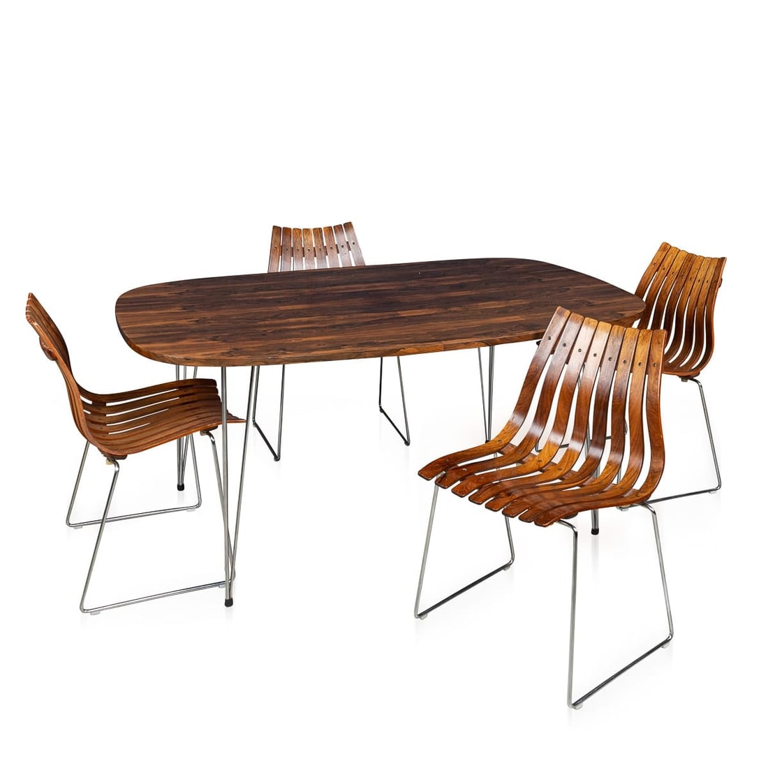 20thC ROSEWOOD DINING TABLE & CHAIRS BY HANS BRATTRUD FOR HOVE MOBLER, NORWAY: A rosewood dining table and chairs by Hans Brattrud for Hove Mobler, Norway, 1960s. This stunning set consists of four rosewood 'Scandia' dining chairs on tubular steel supports, together with a 'Scan