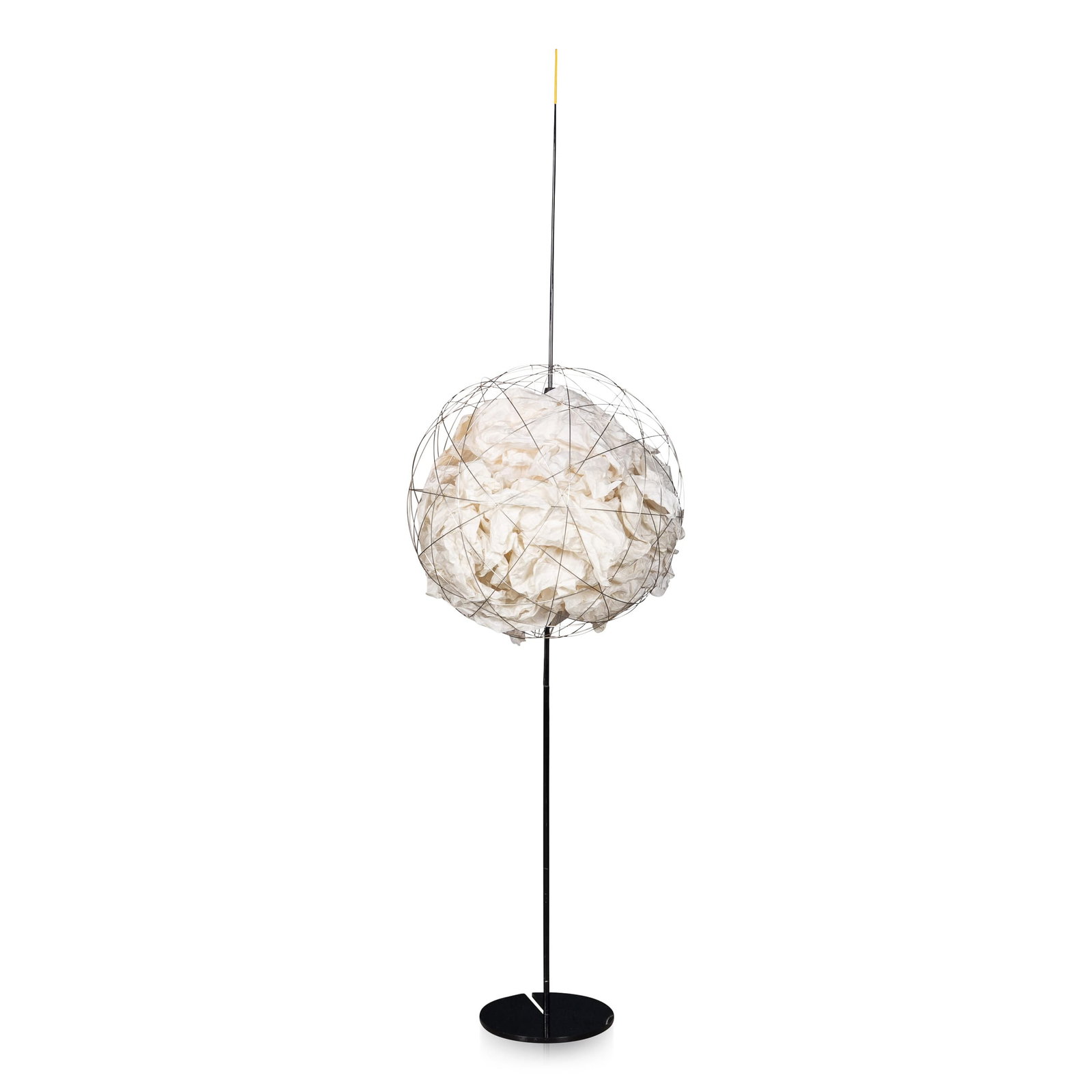 VINTAGE 20thC GERMAN METAL & PAPER FLOOR LAMP BY INGO MAURER c.1990: A sculptural floor lamp constructed around a circular metal wire sphere containing crumpled white paper elements, presented on a tall slender stem with circular base. The object reads as a conceptual