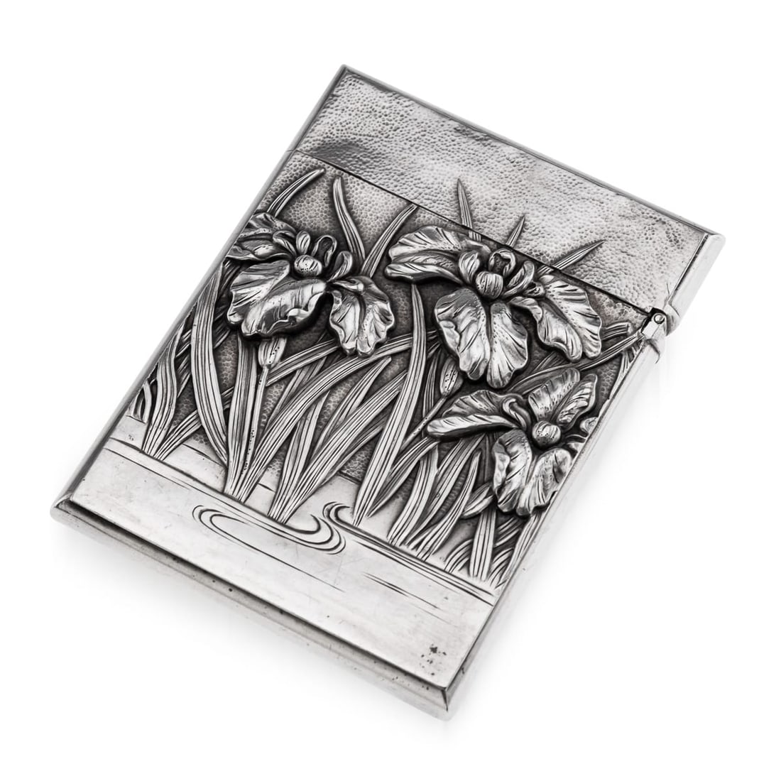 ANTIQUE 20thC JAPANESE MEIJI SOLID SILVER CARD CASE c.1900: Antique 20th Century Japanese solid silver card case, featuring high relief Iris flowerson a textured background. The hinged lid opens to reveal a compartment originally for visiting cards, now