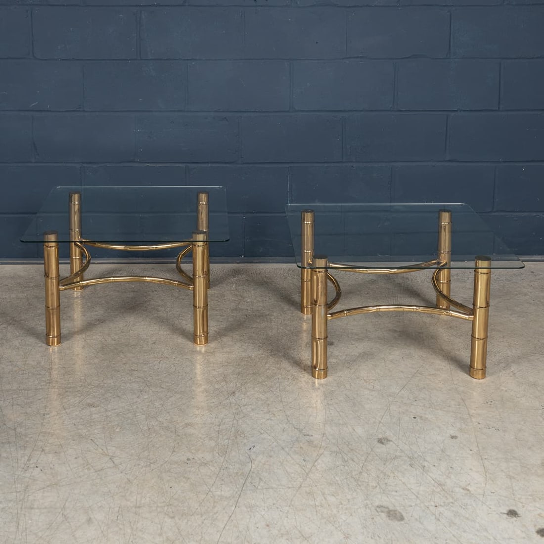 20thC FRENCH PAIR OF BRASS SIDE TABLES ATTRIBUTABLE TO MAISON JANSEN c.1970 - 2