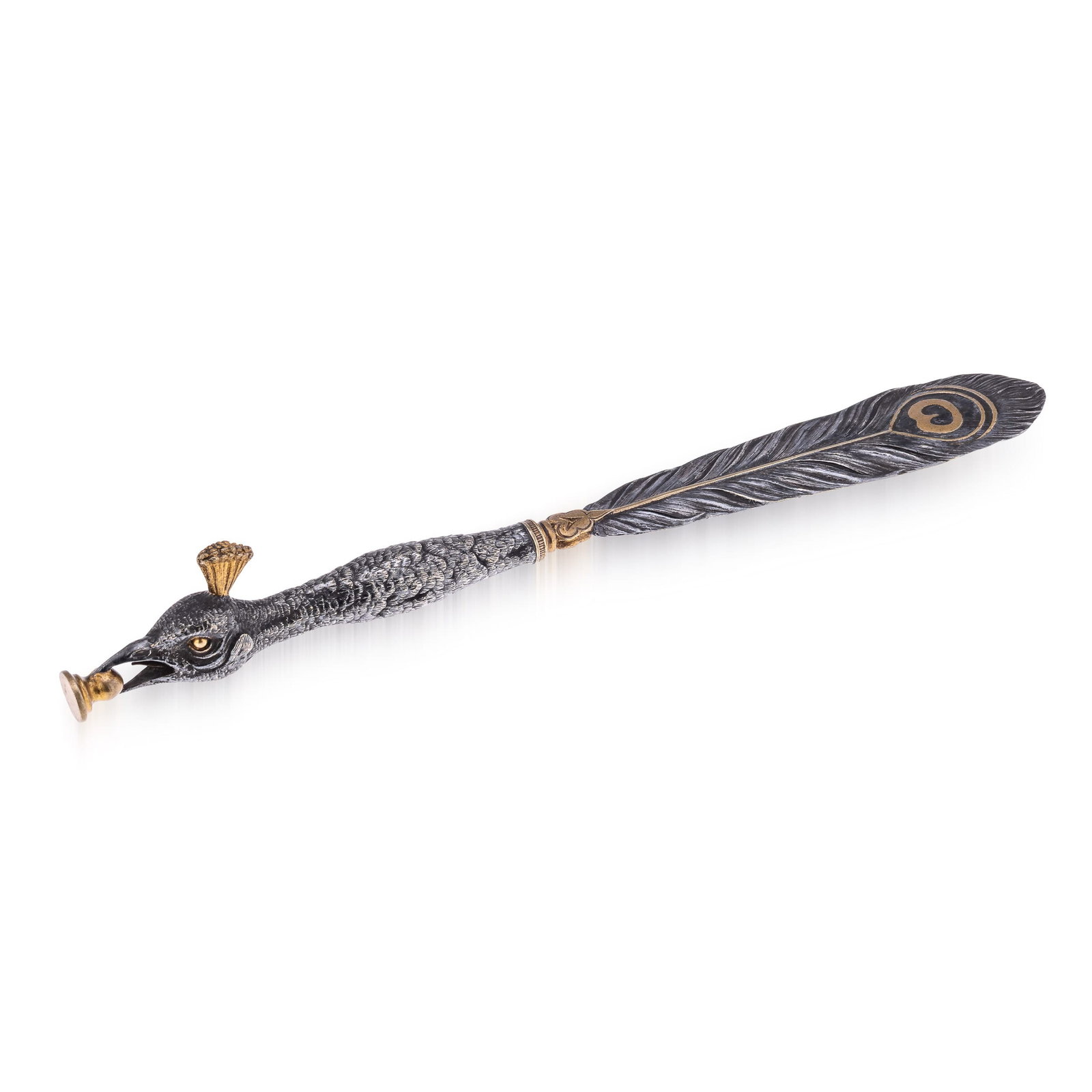 ANTIQUE 20thC SILVER PLATE & BRASS PEACOCK LETTER OPENER: Antique ​20th Century silver plated and brass letter opener designed as a peacock with its tail neatly folded. A substantial, well-balanced desk accessory that pairs everyday function with a