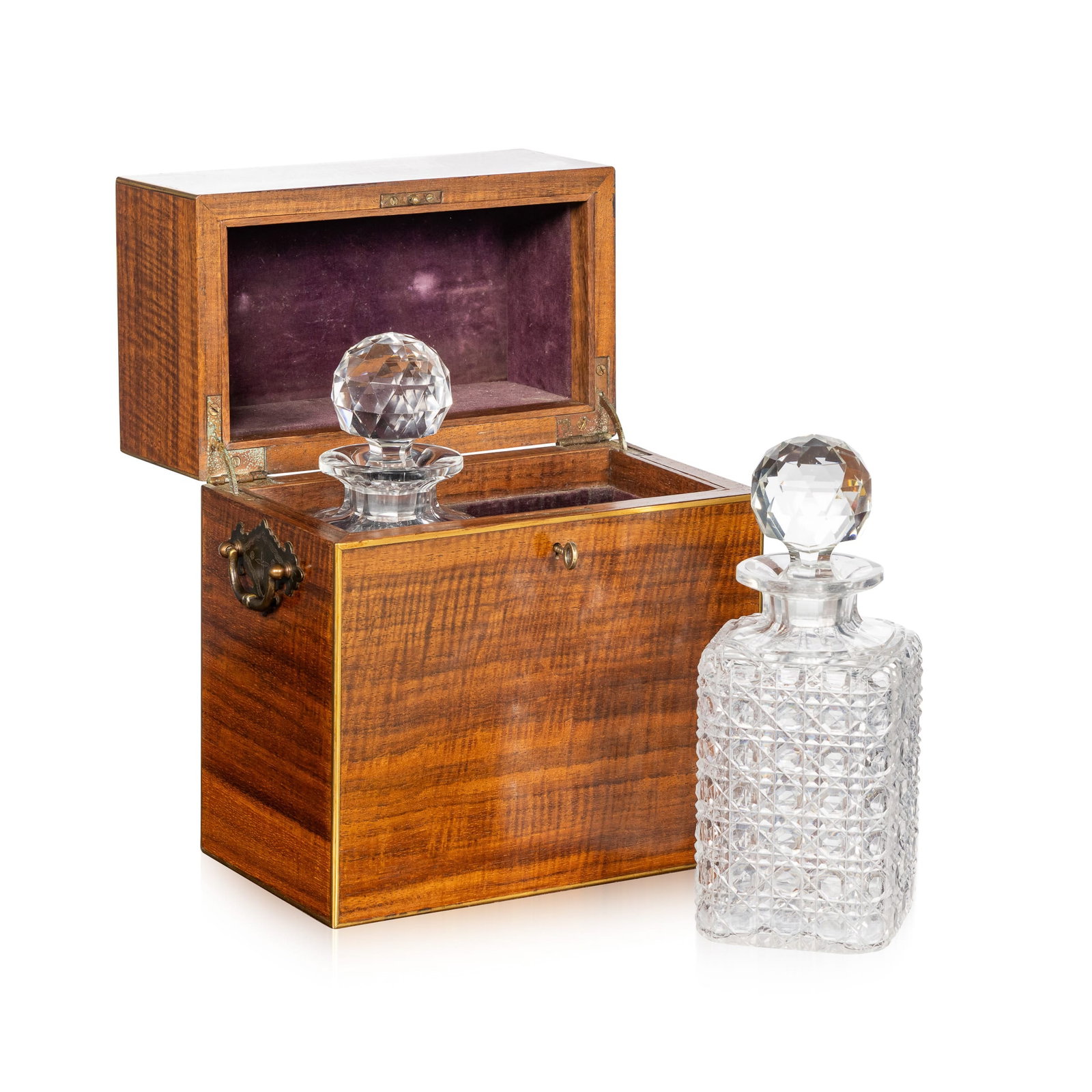 ANTIQUE 19thC VICTORIAN HOBNAIL CUT CRYSTAL DECANTERS IN ORIGINAL CASE c.1880: A fine pair of Victorian hobnail cut crystal decanters, complete with their original fitted wooden presentation box and key. Dating to the 19th century, each decanter is richly cut with an all-over ho