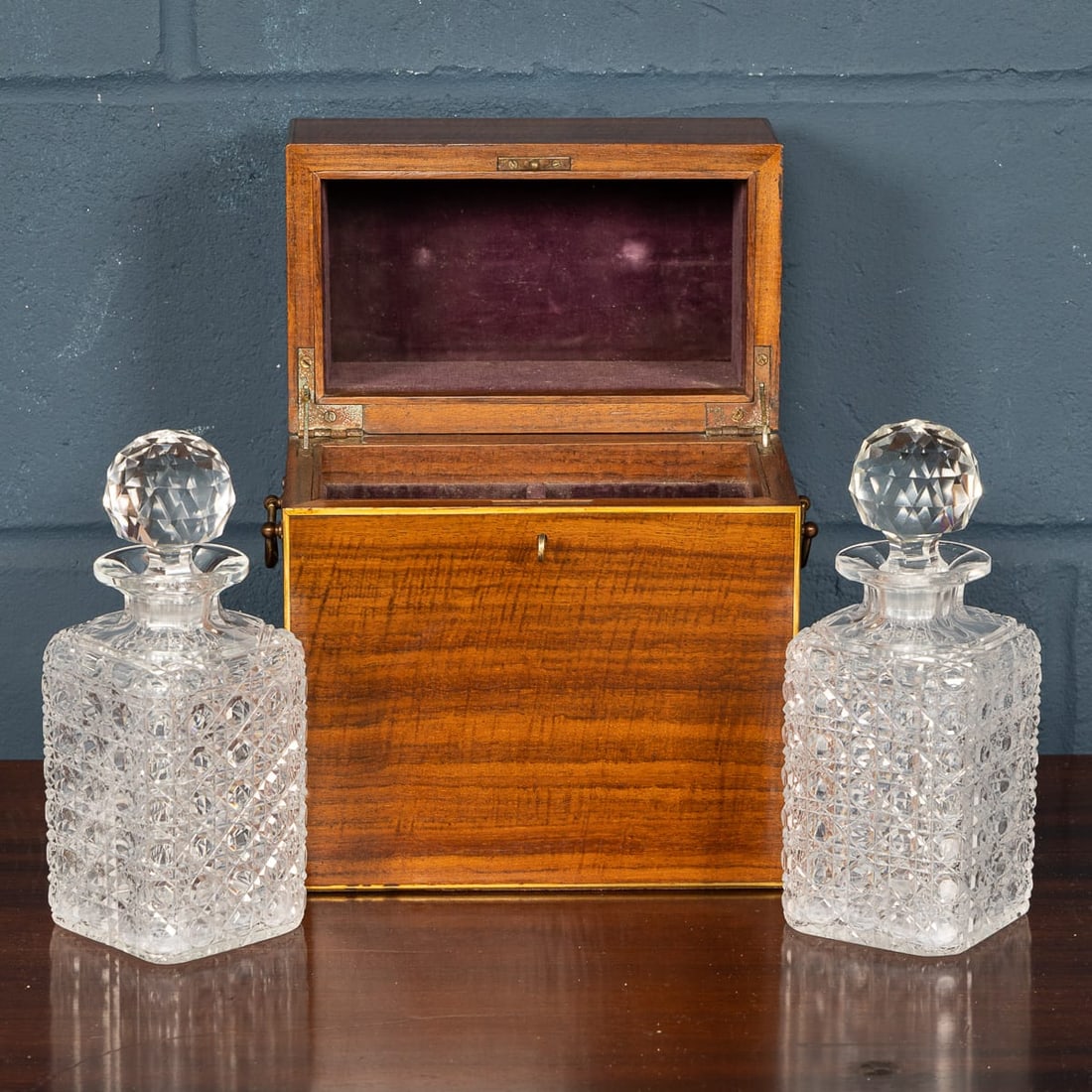 ANTIQUE 19thC VICTORIAN HOBNAIL CUT CRYSTAL DECANTERS IN ORIGINAL CASE c.1880 - 5