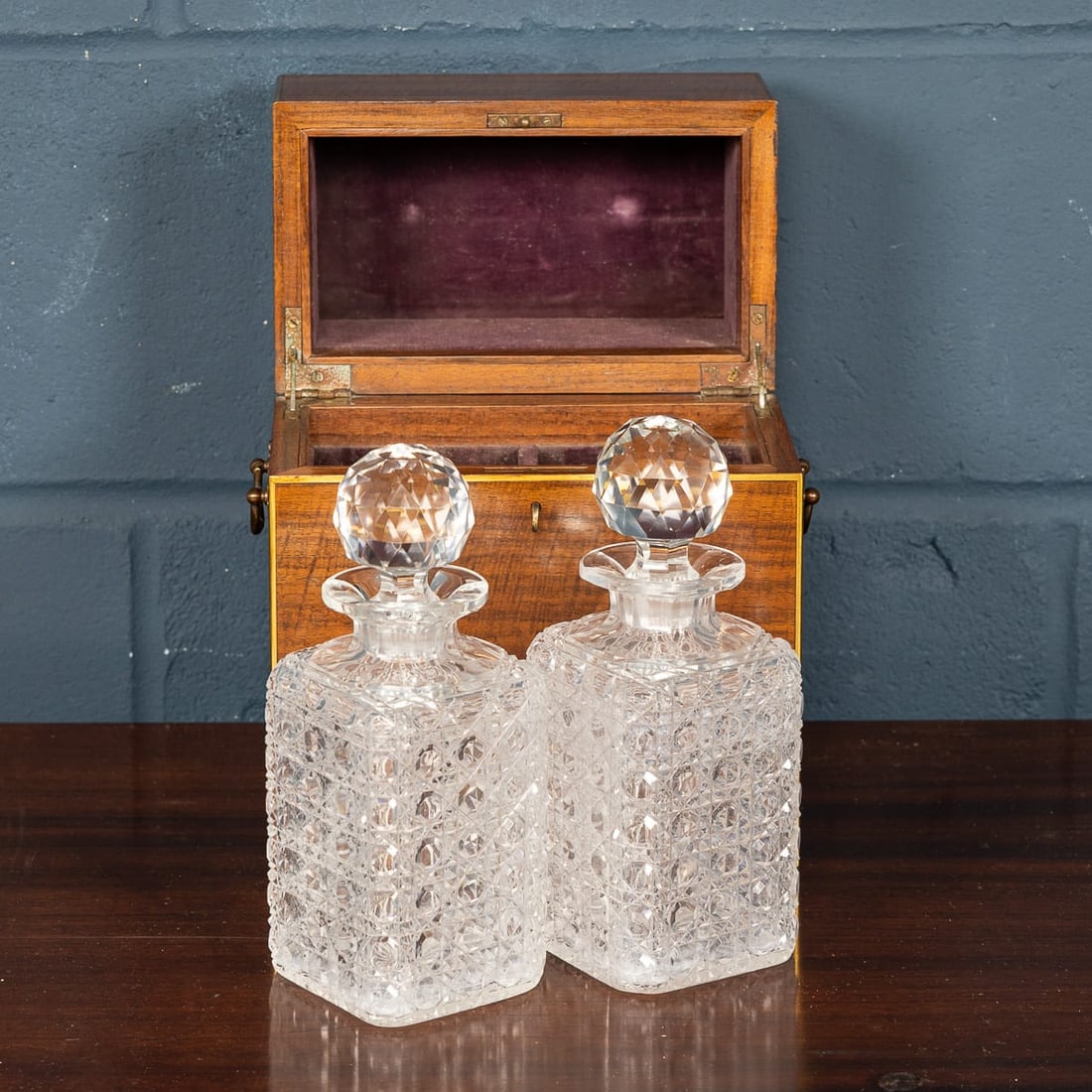 ANTIQUE 19thC VICTORIAN HOBNAIL CUT CRYSTAL DECANTERS IN ORIGINAL CASE c.1880 - 6