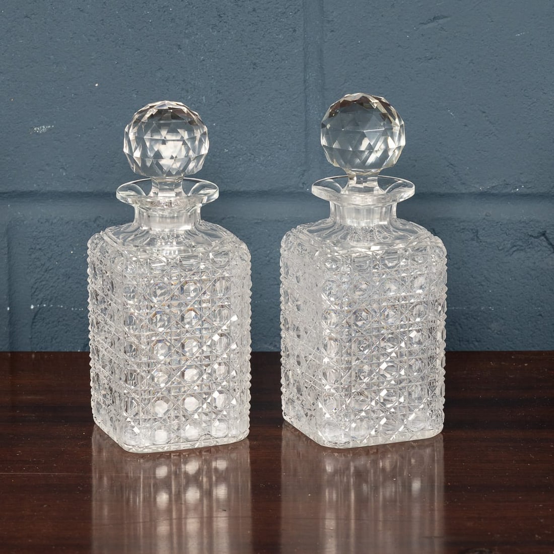 ANTIQUE 19thC VICTORIAN HOBNAIL CUT CRYSTAL DECANTERS IN ORIGINAL CASE c.1880 - 7