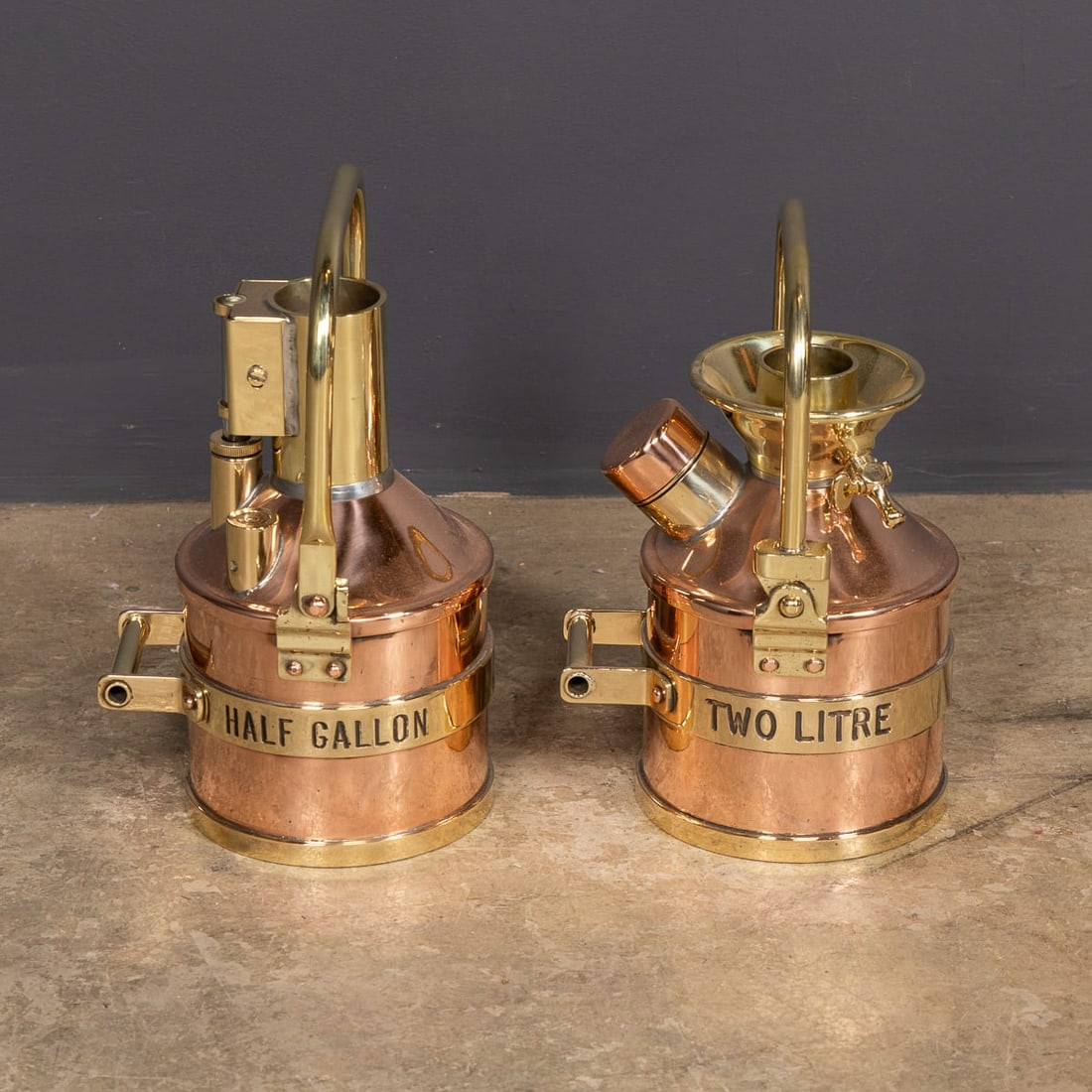 VINTAGE 20thC ENGLISH PAIR OF POLISHED CHECKPUMP PETROL CANISTERS c.1970 - 4