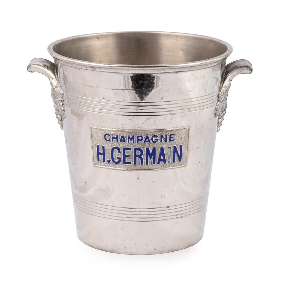 VINTAGE 20thC FRENCH SILVER PLATED H. GERMAIN CHAMPAGNE / WINE COOLER: A superb 20th Century champagne bucket / wine cooler. Featuring a tapered body with grooved bands, along with an enamelled plaque "CHAMPAGNE H. GERMAIN" in lapis blue colouring. The handles are in