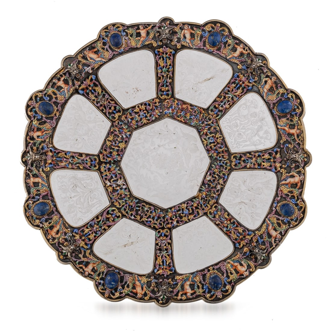 ANTIQUE 19thC AUSTRIAN SILVER, ENAMEL & ROCK CRYSTAL DISH, RUDOLF LINKE c.1890: Antique 19th Century Austrian rare and unusual solid silver-gilt & enamel rock crystal dish. Enamelled with putti and pierced floral decoration, the frame set with blue cabouchon lapis lazuli and