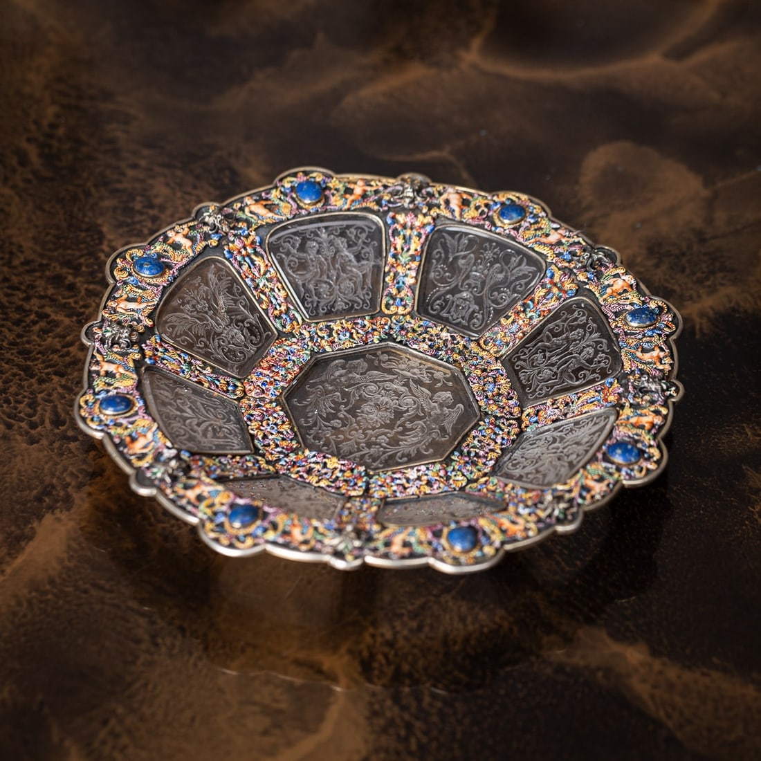 ANTIQUE 19thC AUSTRIAN SILVER, ENAMEL & ROCK CRYSTAL DISH, RUDOLF LINKE c.1890 - 2