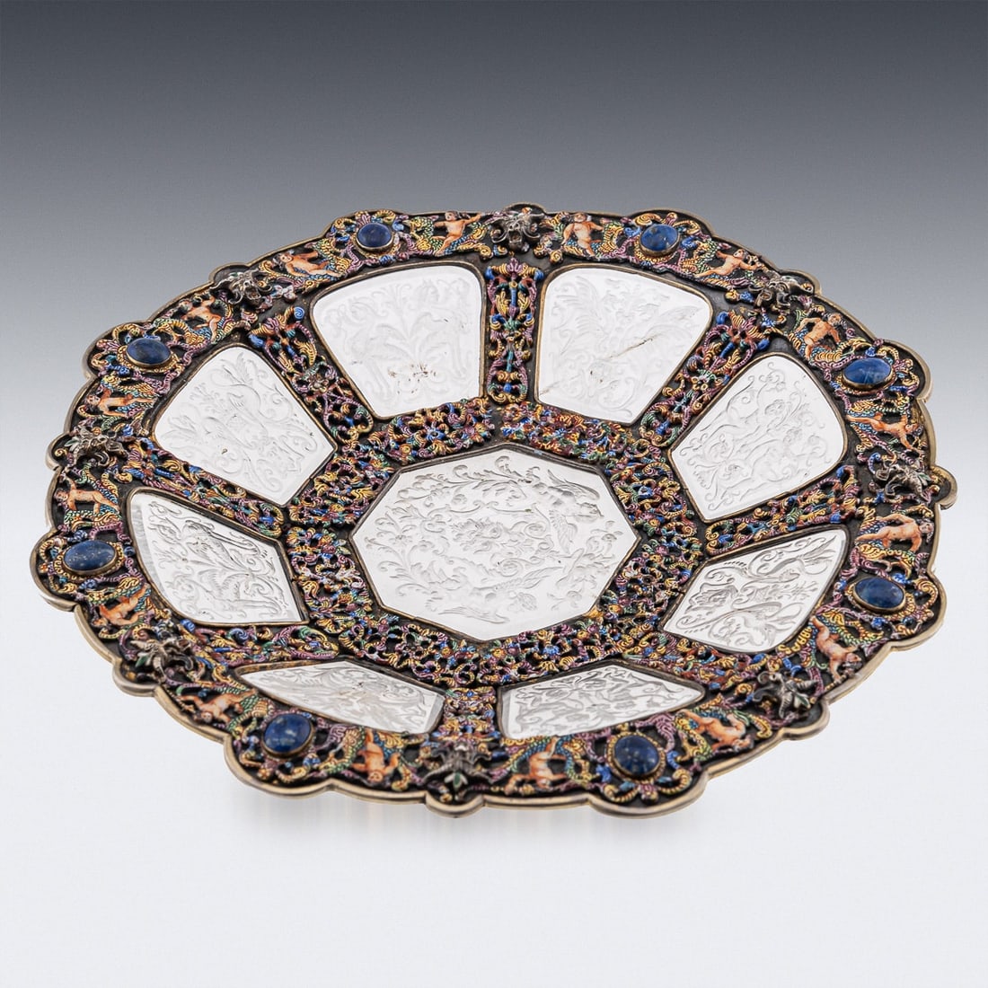 ANTIQUE 19thC AUSTRIAN SILVER, ENAMEL & ROCK CRYSTAL DISH, RUDOLF LINKE c.1890 - 4