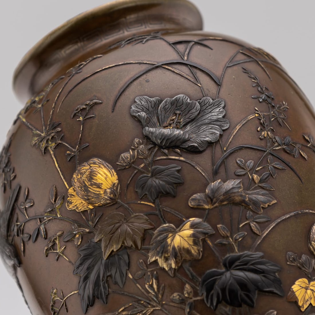 ANTIQUE 19thC JAPANESE MEIJI PERIOD MITSUNORIAN INLAID BRONZE OVOID VASE C.1890 - 10