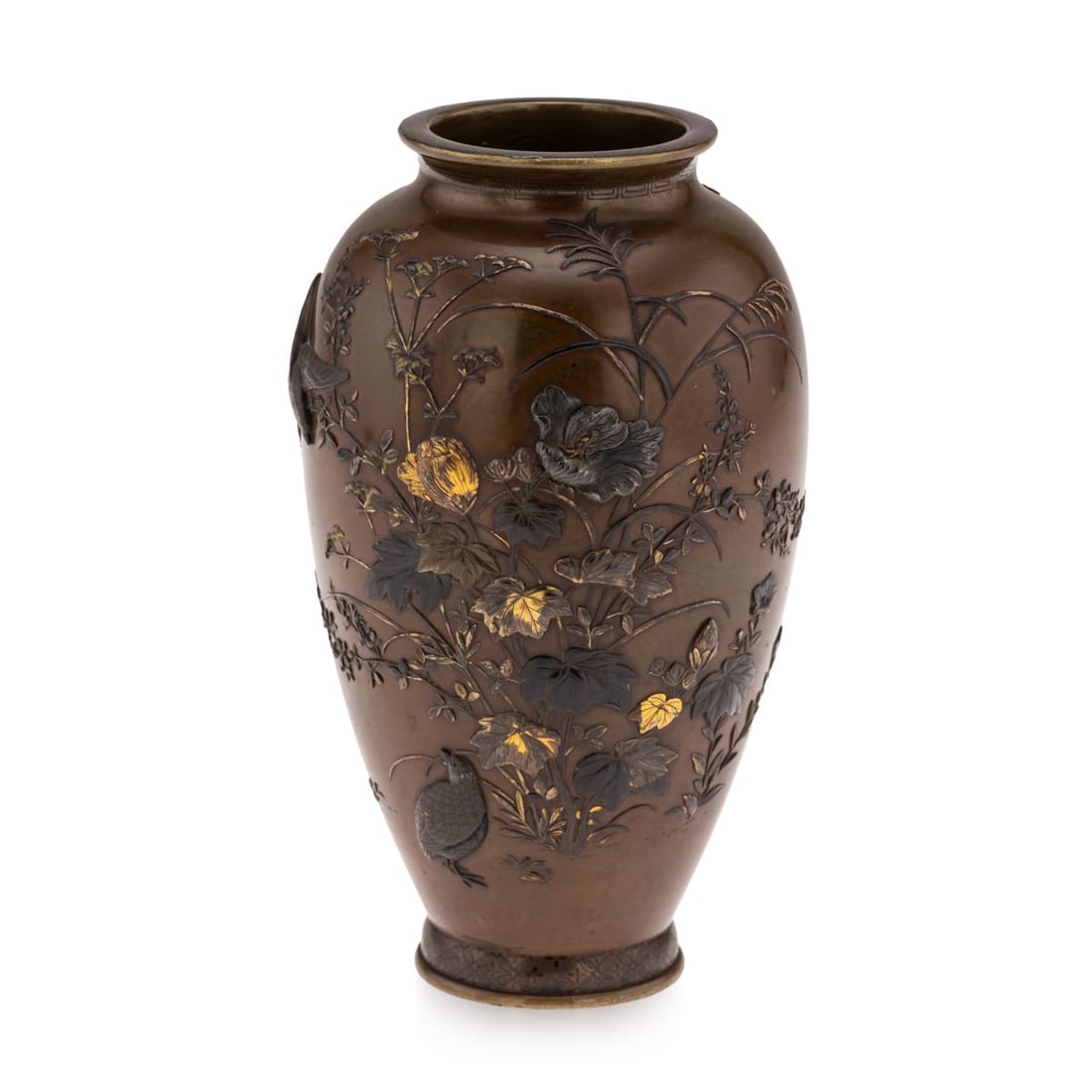 ANTIQUE 19thC JAPANESE MEIJI PERIOD MITSUNORIAN INLAID BRONZE OVOID VASE C.1890: Antique 19th Century Japanese Meiji period Mitsunorian inlaid bronze ovoid vase. Decorated in high relief with shibuichi, gilt, copper, and shakudō inlays depicting a continuous scene of three qu