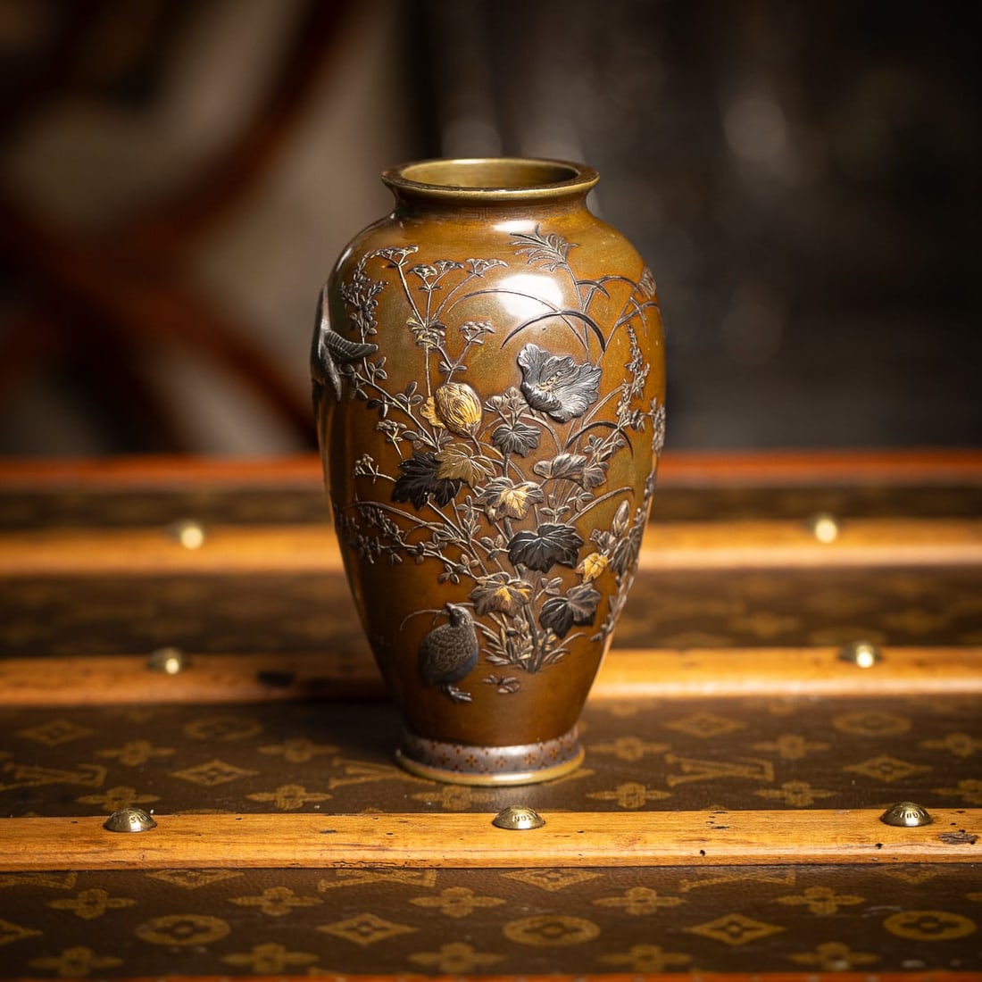ANTIQUE 19thC JAPANESE MEIJI PERIOD MITSUNORIAN INLAID BRONZE OVOID VASE C.1890 - 2