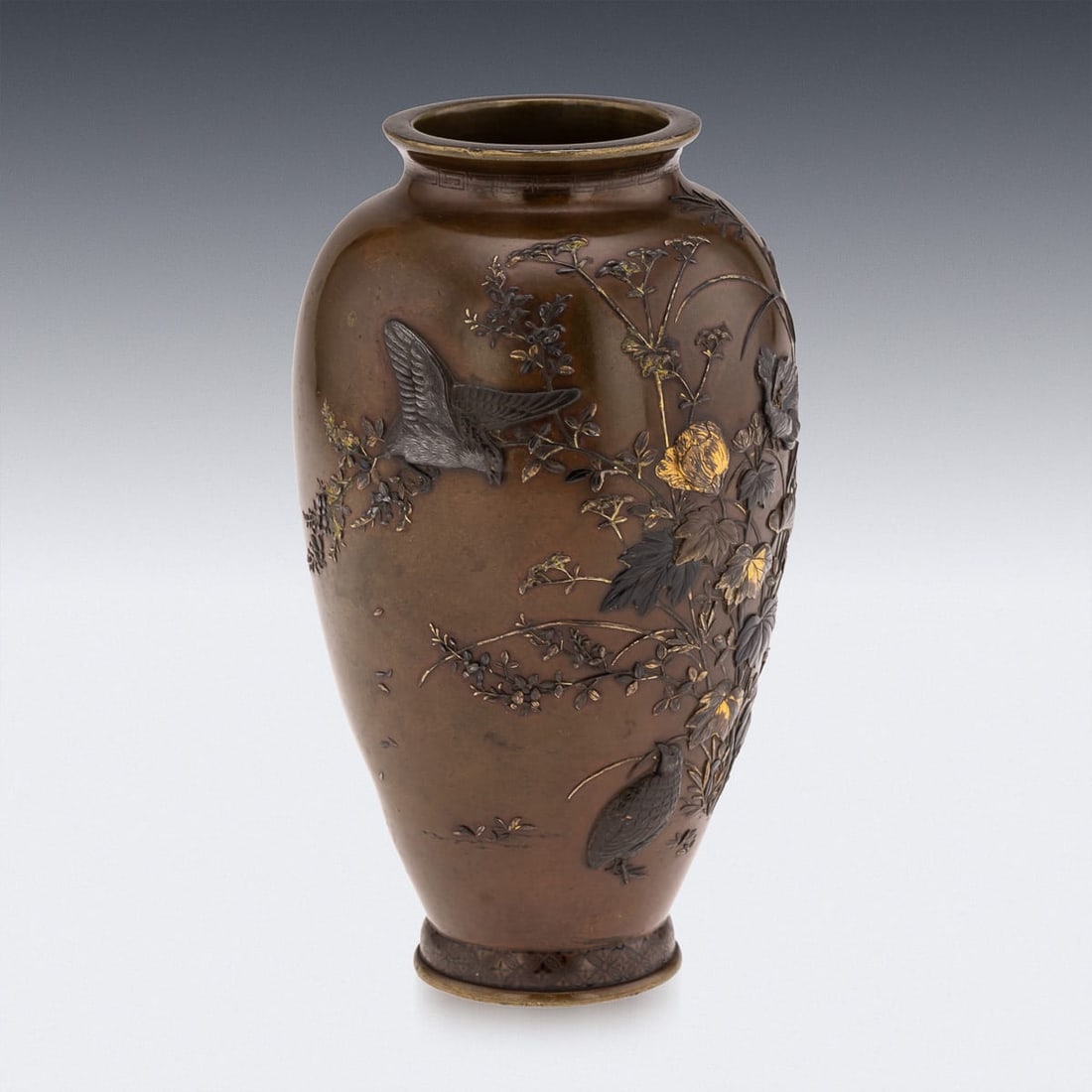 ANTIQUE 19thC JAPANESE MEIJI PERIOD MITSUNORIAN INLAID BRONZE OVOID VASE C.1890 - 5