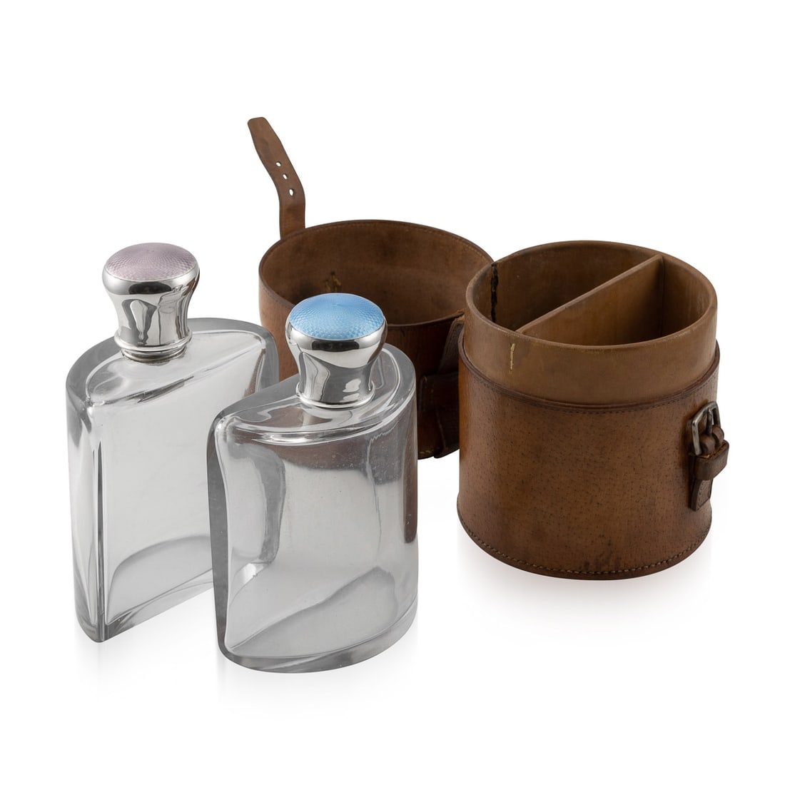ANTIQUE 20thC ART DECO SOLID SILVER HIS & HERS PERFUME BOTTLES c.1920: Antique early-20th Century Art Deco solid silver & enamel with glass mounted his and hers perfume bottles, in its original brown leather satchel, with silver screw tops, engine turned and applied