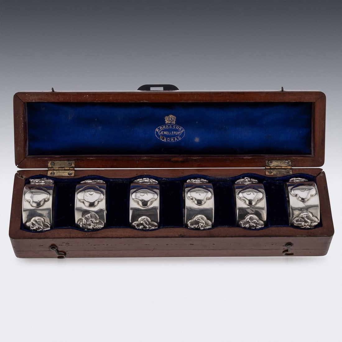ANTIQUE 19thC INDIAN SOLID SILVER CASED SET OF SIX NAPKIN RINGS, P ORR & SONS - 3