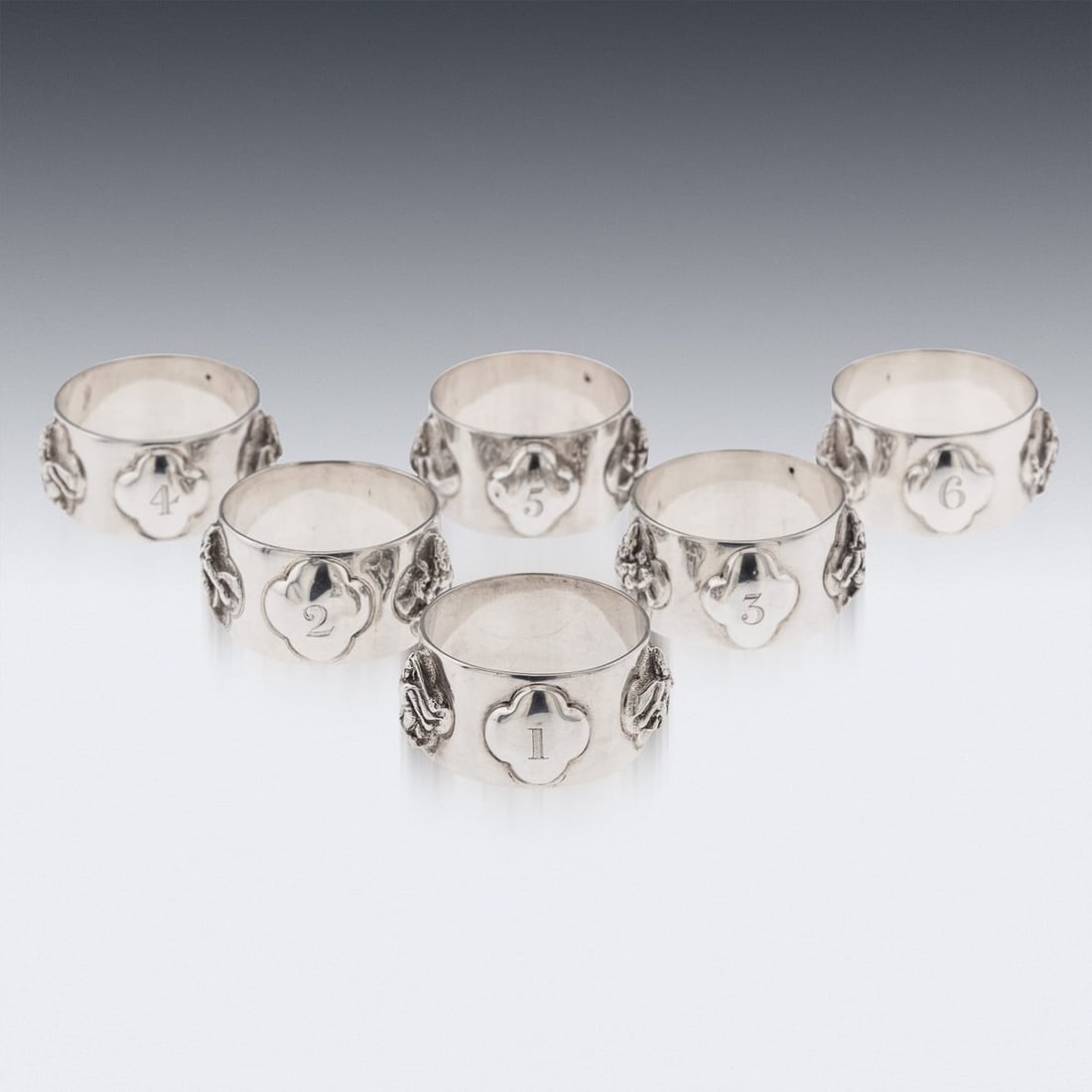 ANTIQUE 19thC INDIAN SOLID SILVER CASED SET OF SIX NAPKIN RINGS, P ORR & SONS - 4